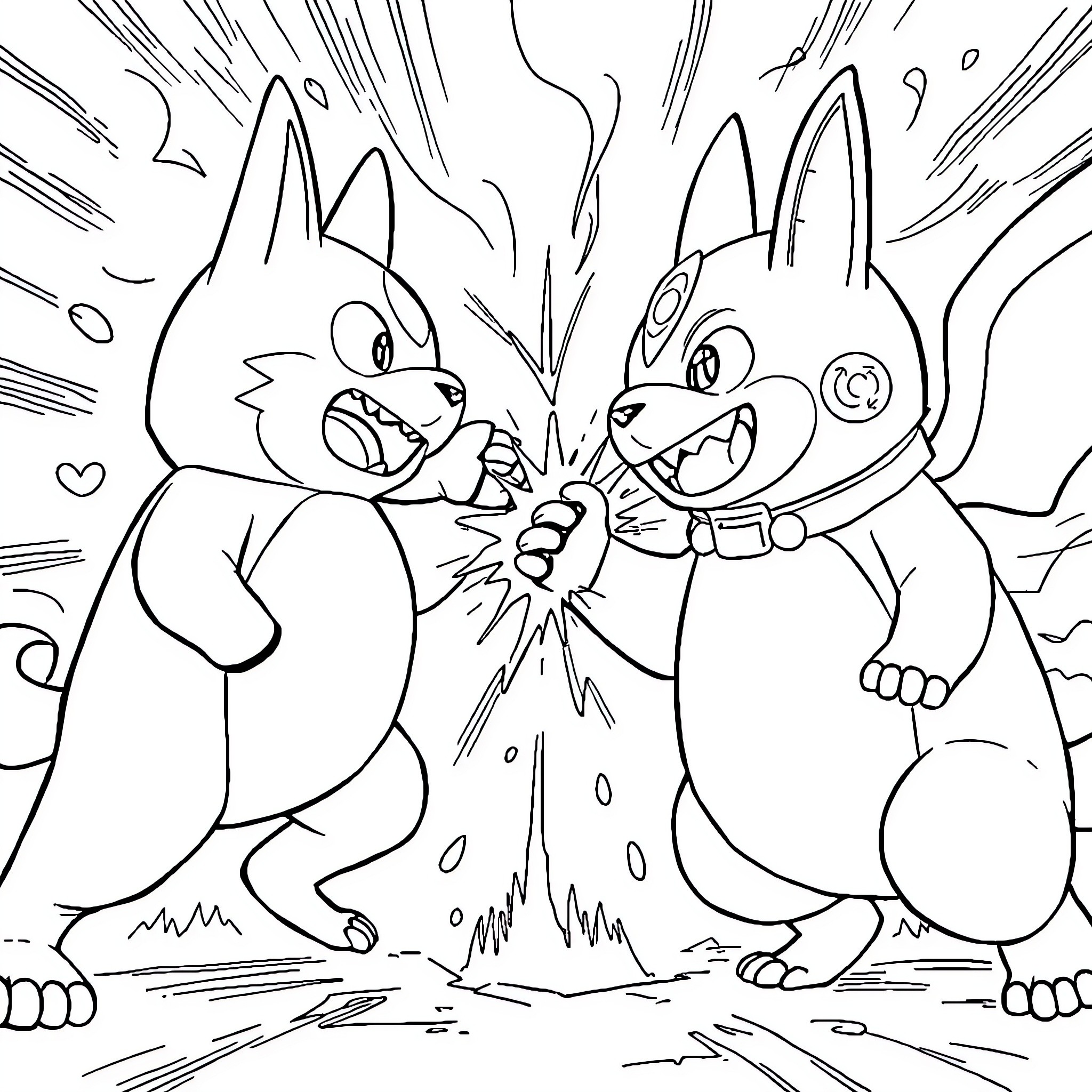 Kuromi characters in a playful confrontation Coloring Page (free black-and-white line drawing printable PDF for all, from beginners to advanced learners, including children, teens, adults, and seniors)