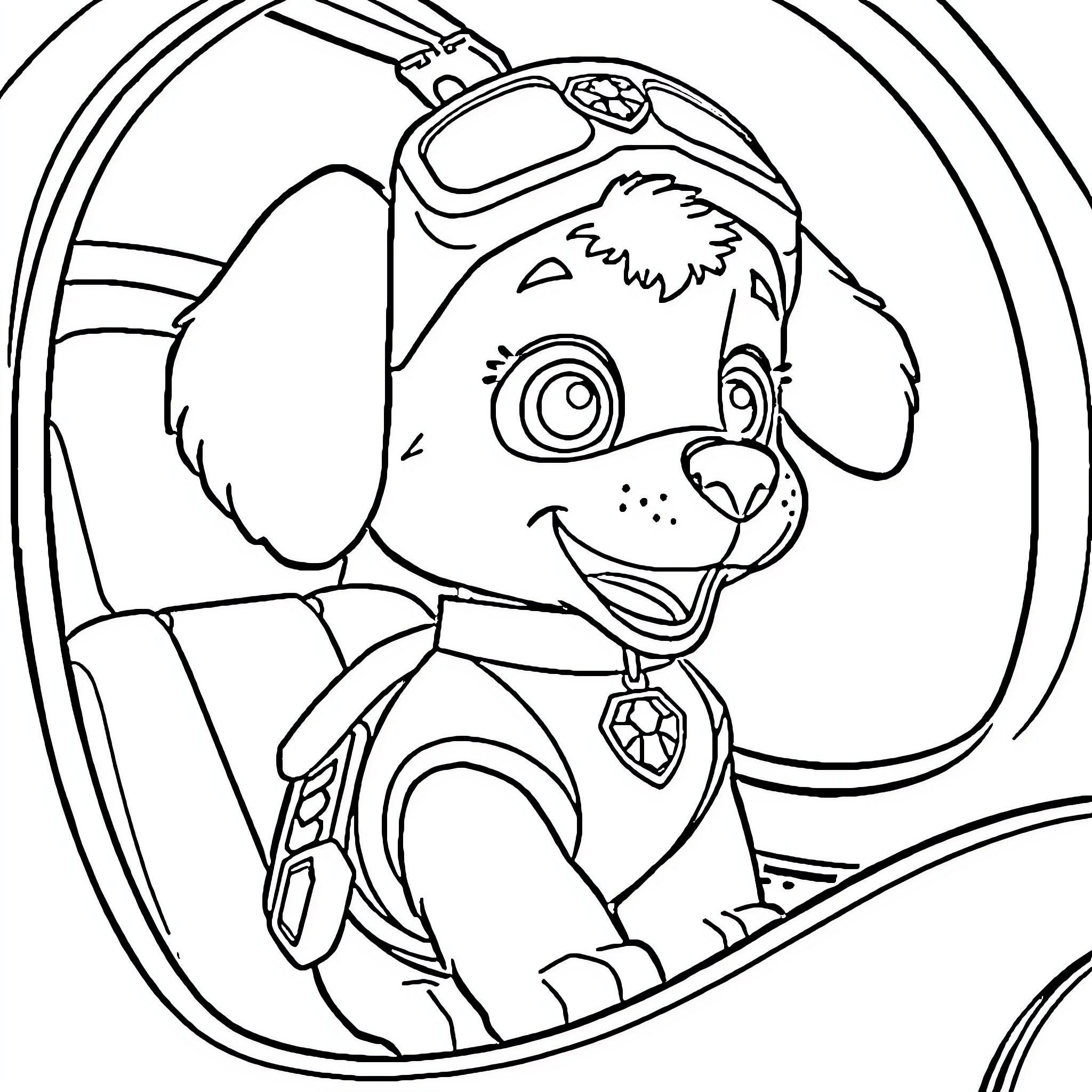 Skye the pup's adventure Coloring Page (free black-and-white line drawing printable PDF for all, from beginners to advanced learners, including children, teens, adults, and seniors)