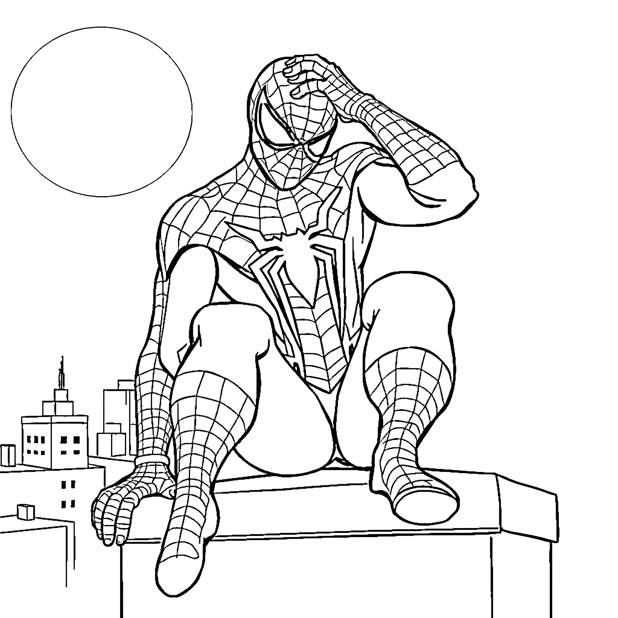 Spiderman perched on building with city skyline Coloring Page (free black-and-white line drawing printable PDF for all, from beginners to advanced learners, including children, teens, adults, and seniors)