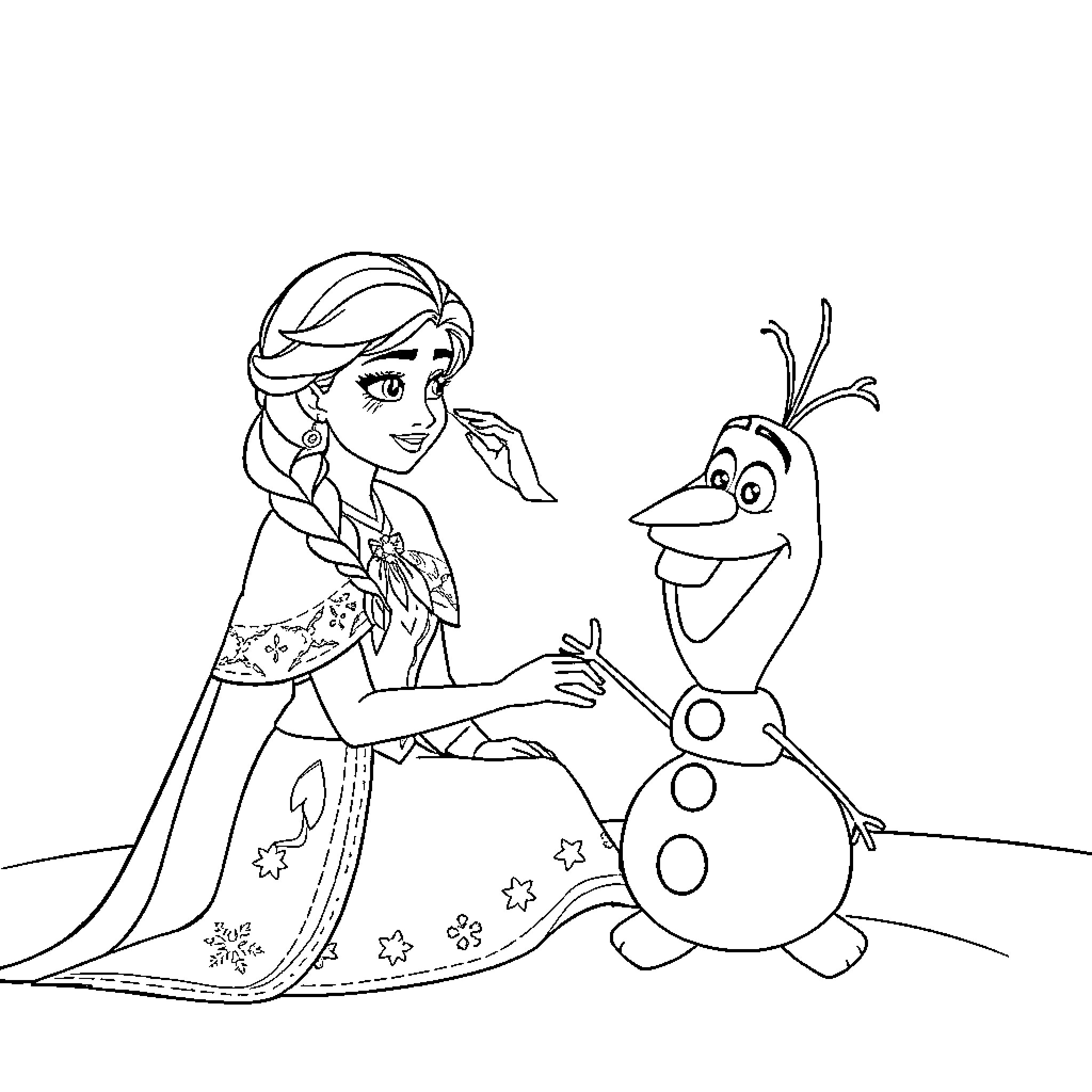 Ana and Olaf's Snowy Adventure Coloring Page (free black-and-white line drawing printable PDF for all, from beginners to advanced learners, including children, teens, adults, and seniors)
