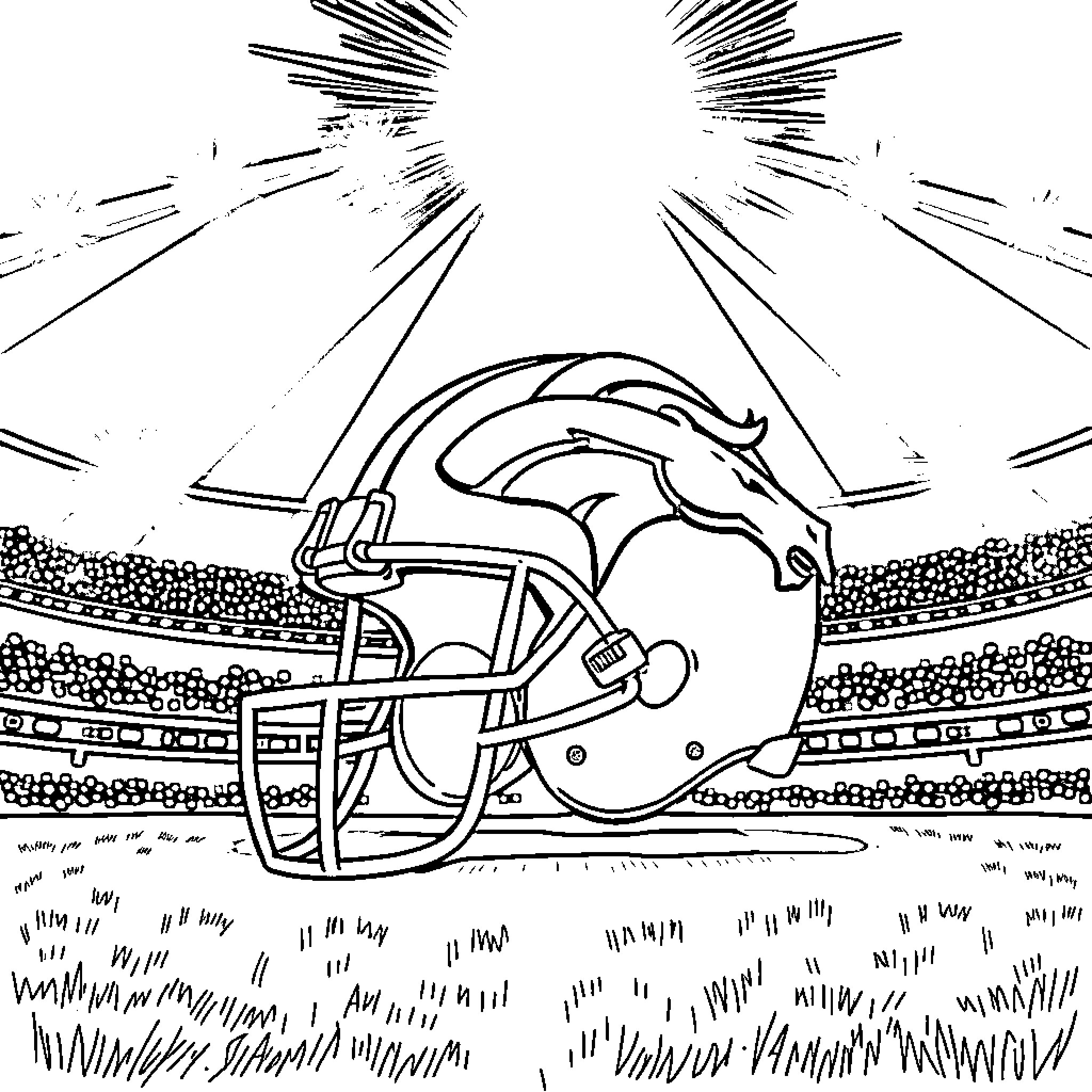 Broncos Helmet on the Stadium Field Coloring Page (free black-and-white line drawing printable PDF for all, from beginners to advanced learners, including children, teens, adults, and seniors)