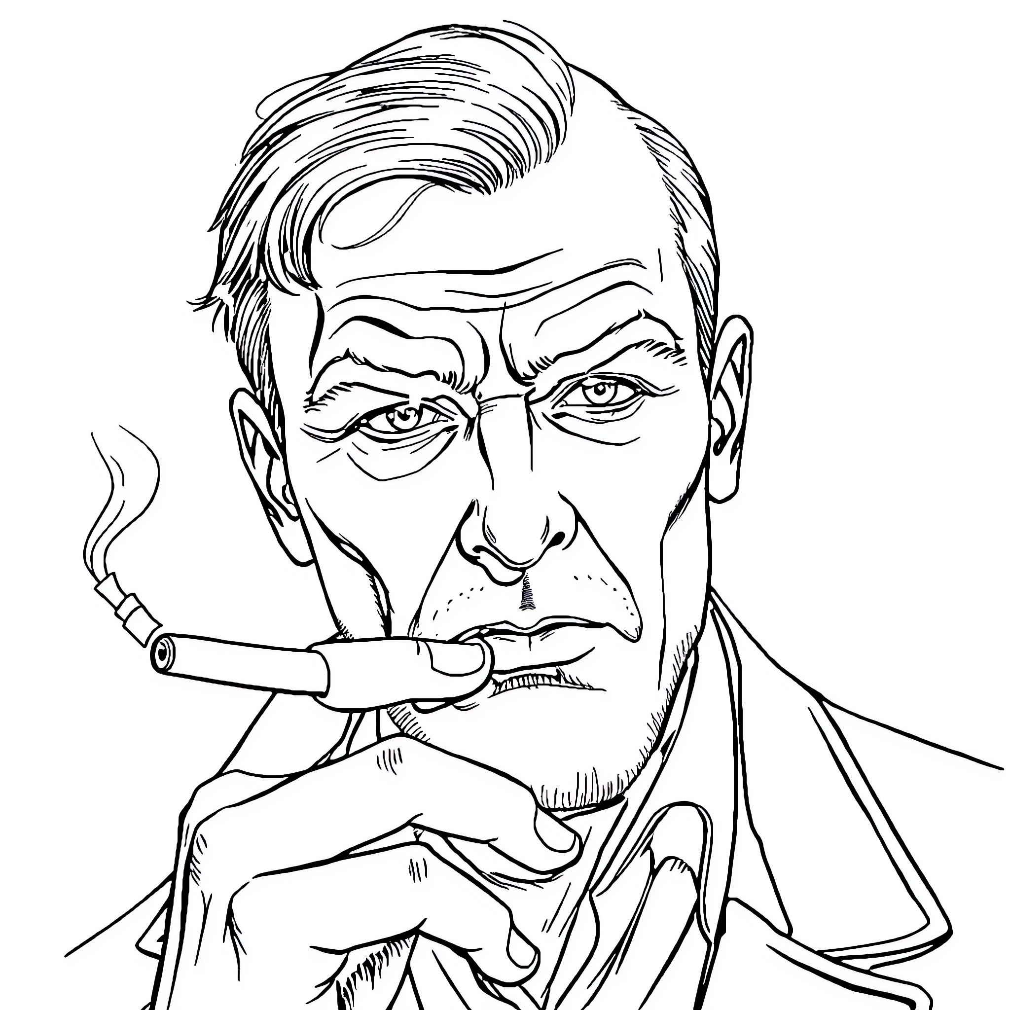 Man intently smoking a cigarette with a serious expression Coloring Page (free black-and-white line drawing printable PDF for all, from beginners to advanced learners, including children, teens, adults, and seniors)