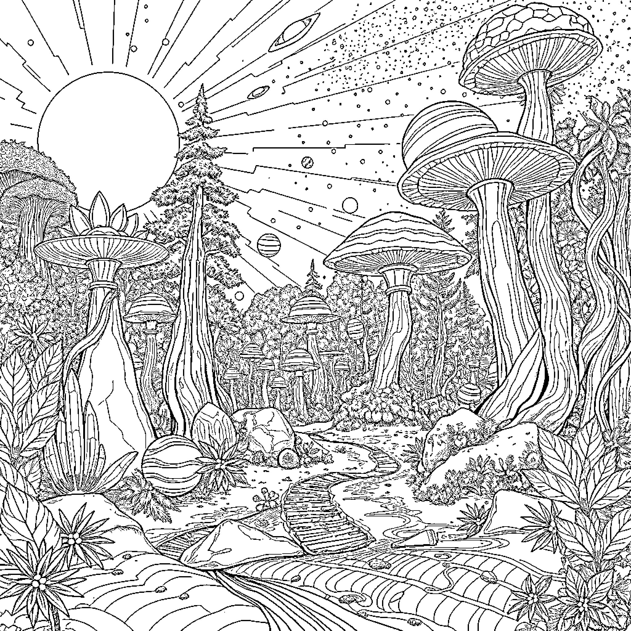 Alien Forest of Fantastical Fungi and Cosmic Wonders Coloring Page (free black-and-white line drawing printable PDF for all, from beginners to advanced learners, including children, teens, adults, and seniors)