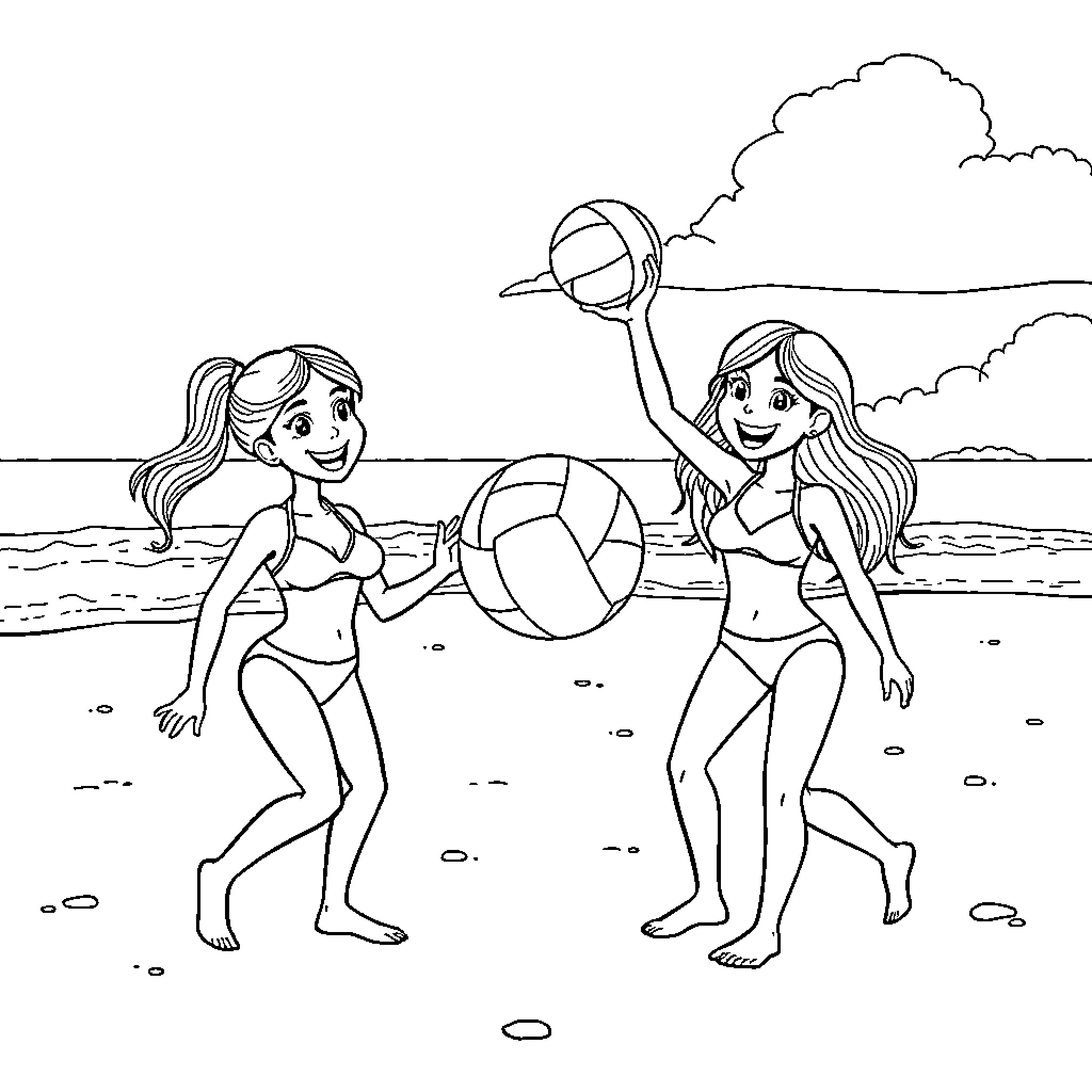 Girls playing beach volleyball together Coloring Page (free black-and-white line drawing printable PDF for all, from beginners to advanced learners, including children, teens, adults, and seniors)