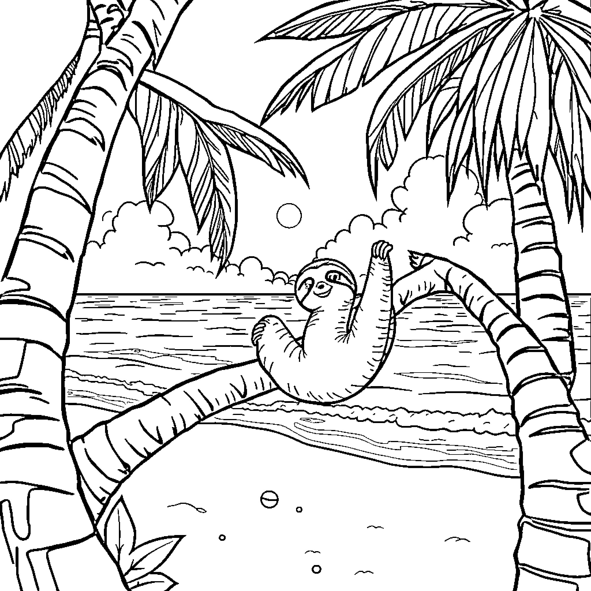 Sloth relaxing peacefully on a tropical beach Coloring Page (free black-and-white line drawing printable PDF for all, from beginners to advanced learners, including children, teens, adults, and seniors)