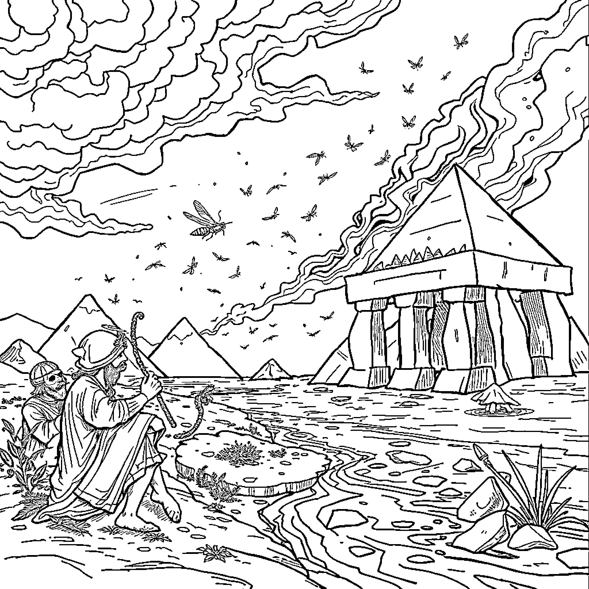 Plague of locusts descends upon ancient civilizations Coloring Page (free black-and-white line drawing printable PDF for all, from beginners to advanced learners, including children, teens, adults, and seniors)