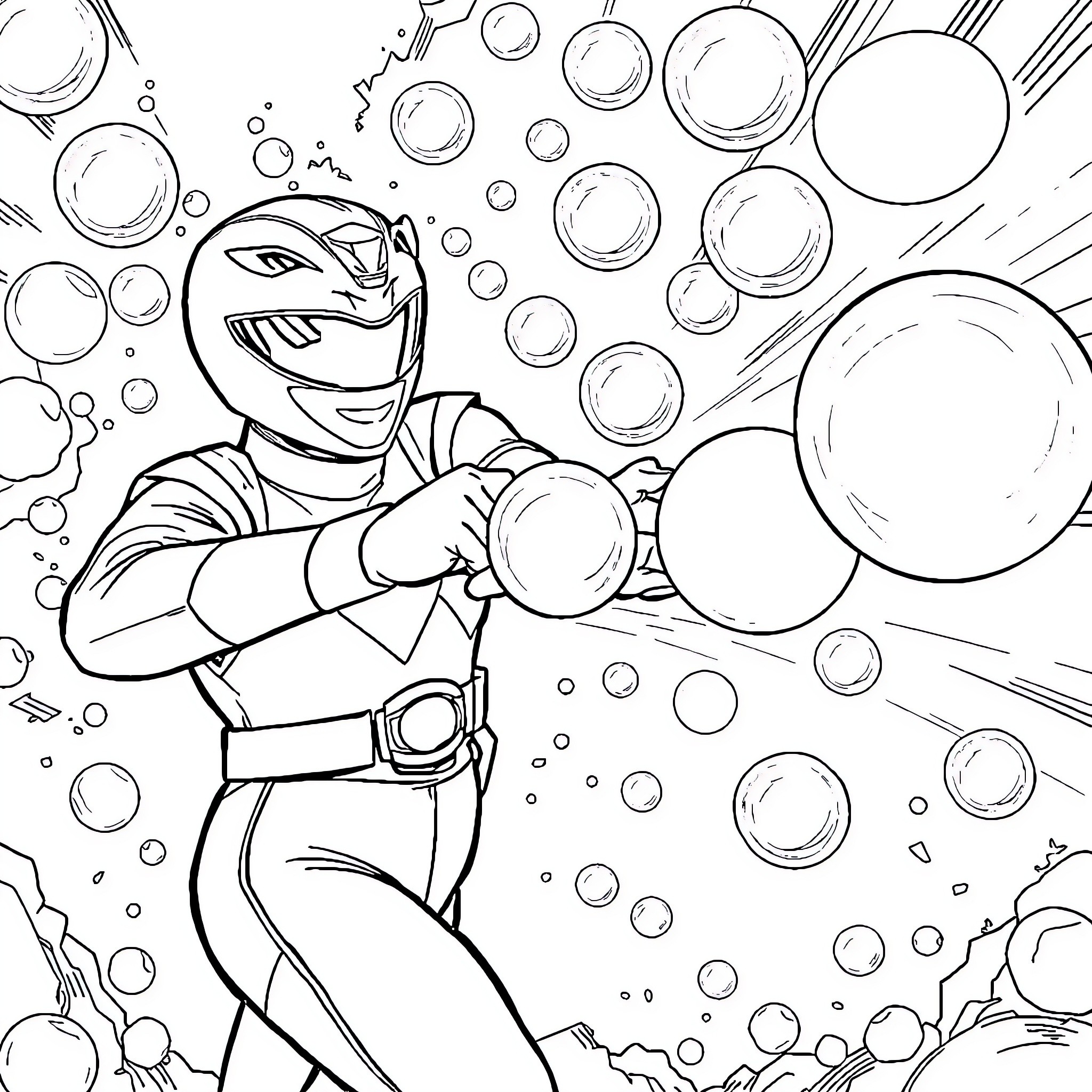 Ranger battles through a bubble-filled landscape Coloring Page (free black-and-white line drawing printable PDF for all, from beginners to advanced learners, including children, teens, adults, and seniors)