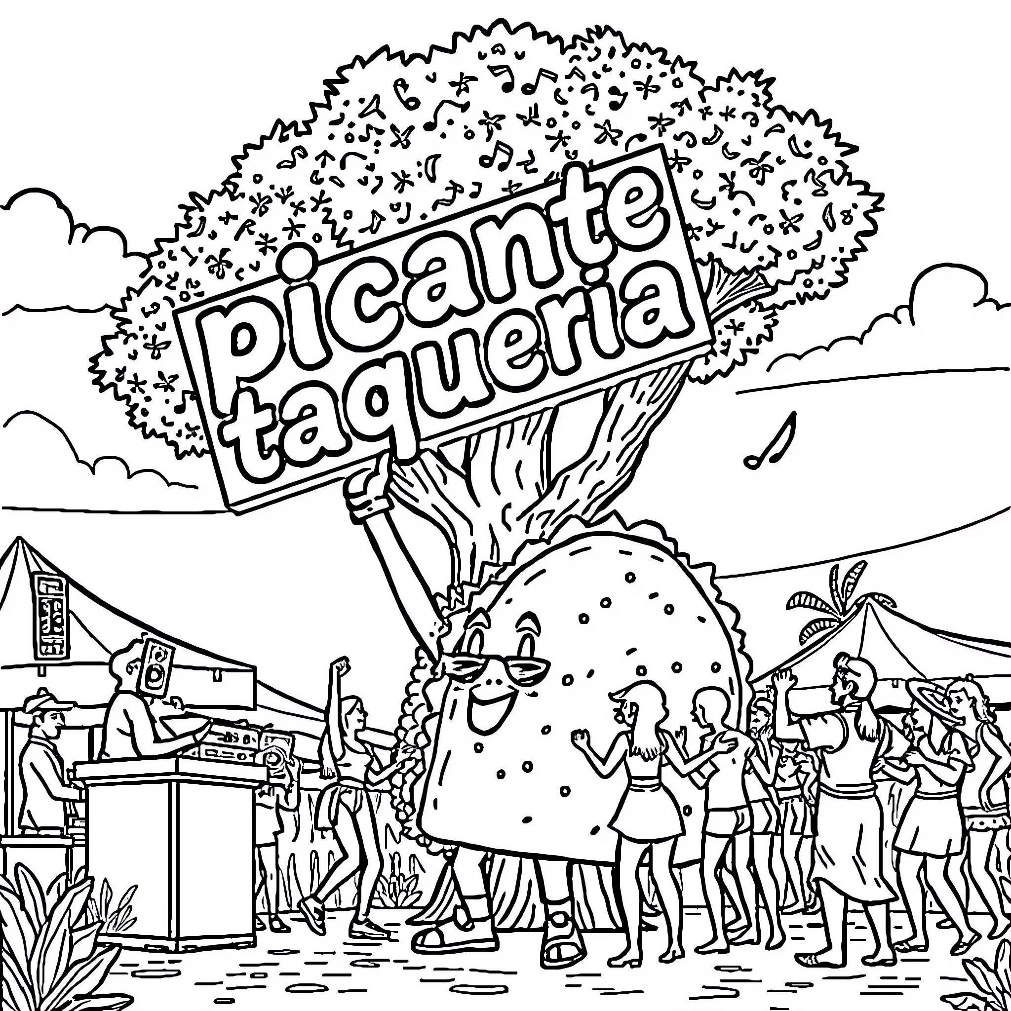 Taco Party at the Beach with Lively Festivities Coloring Page (free black-and-white line drawing printable PDF for all, from beginners to advanced learners, including children, teens, adults, and seniors)