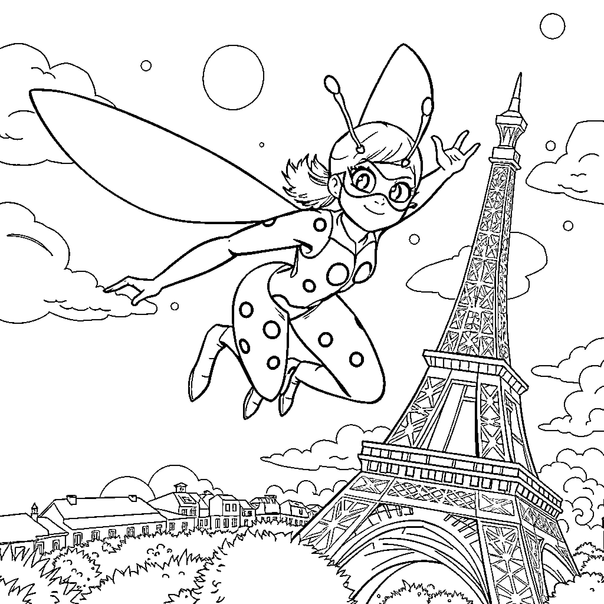 Ladybug flying above the Eiffel Tower Coloring Page (free black-and-white line drawing printable PDF for all, from beginners to advanced learners, including children, teens, adults, and seniors)