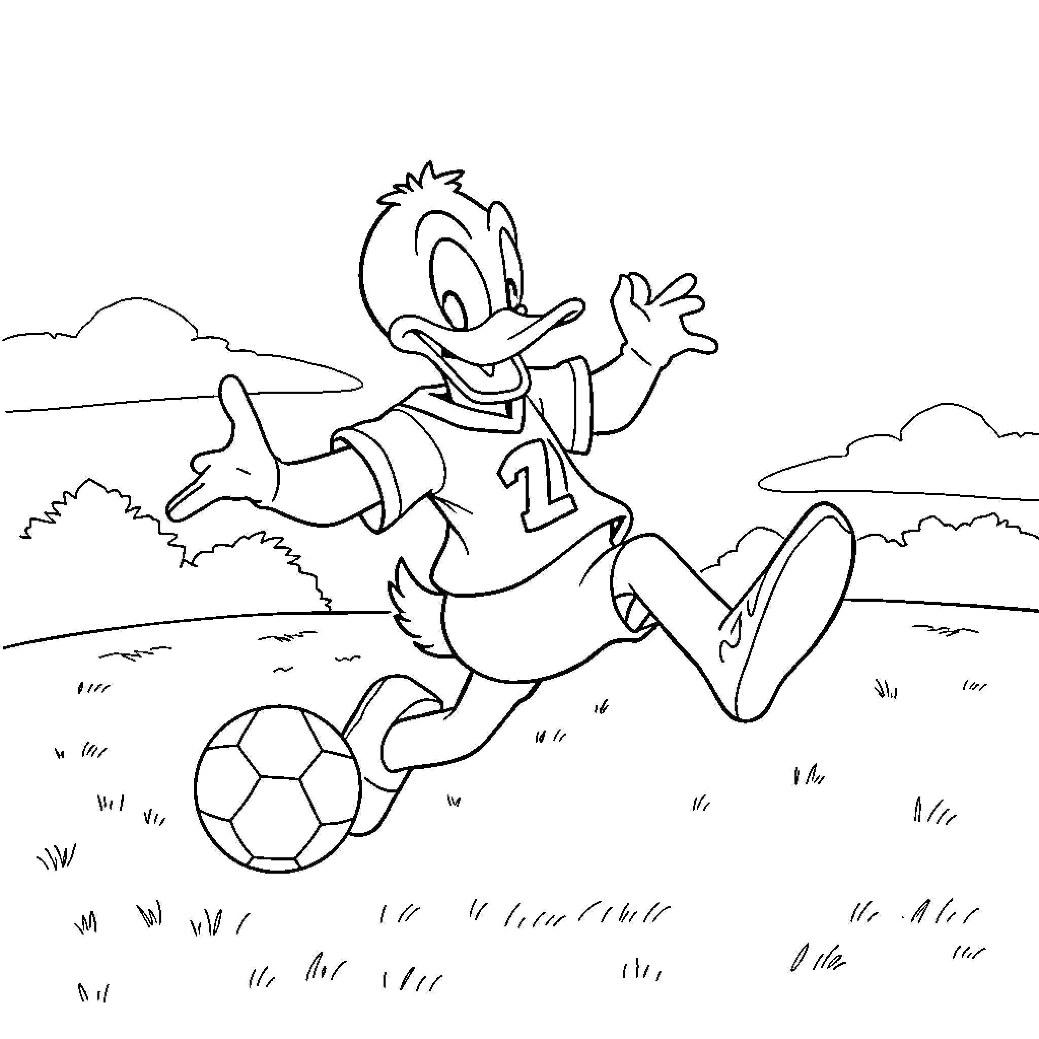 Donald Duck playing with a soccer ball Coloring Page (free black-and-white line drawing printable PDF for all, from beginners to advanced learners, including children, teens, adults, and seniors)