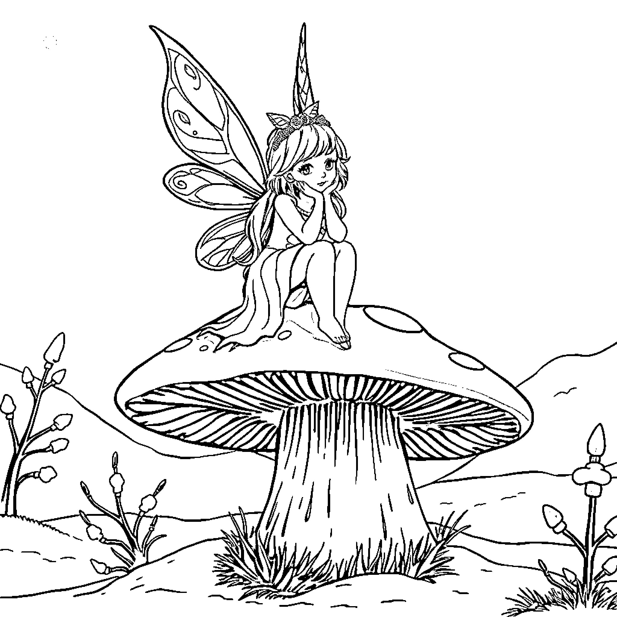 Fairy sitting pensively on a mushroom Coloring Page (free black-and-white line drawing printable PDF for all, from beginners to advanced learners, including children, teens, adults, and seniors)