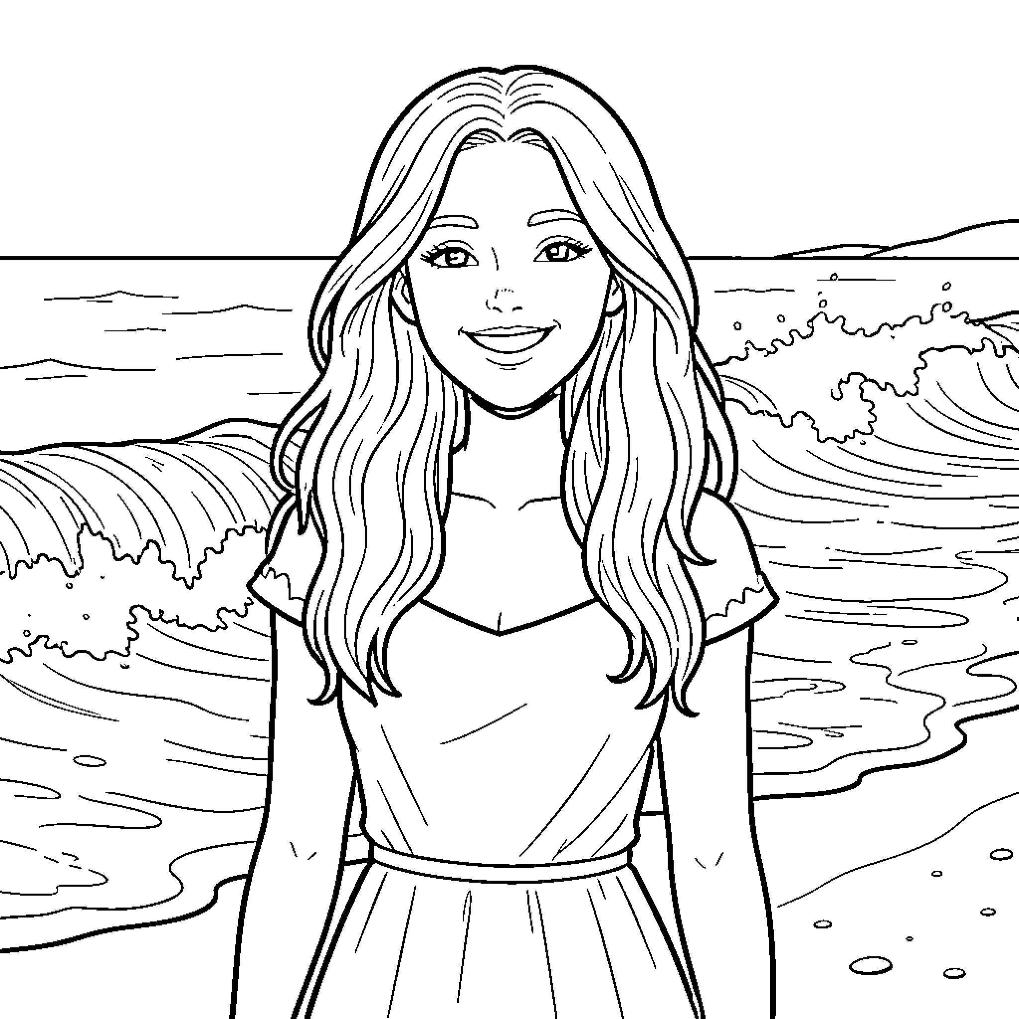 Esther enjoying the seaside scenery Coloring Page (free black-and-white line drawing printable PDF for all, from beginners to advanced learners, including children, teens, adults, and seniors)