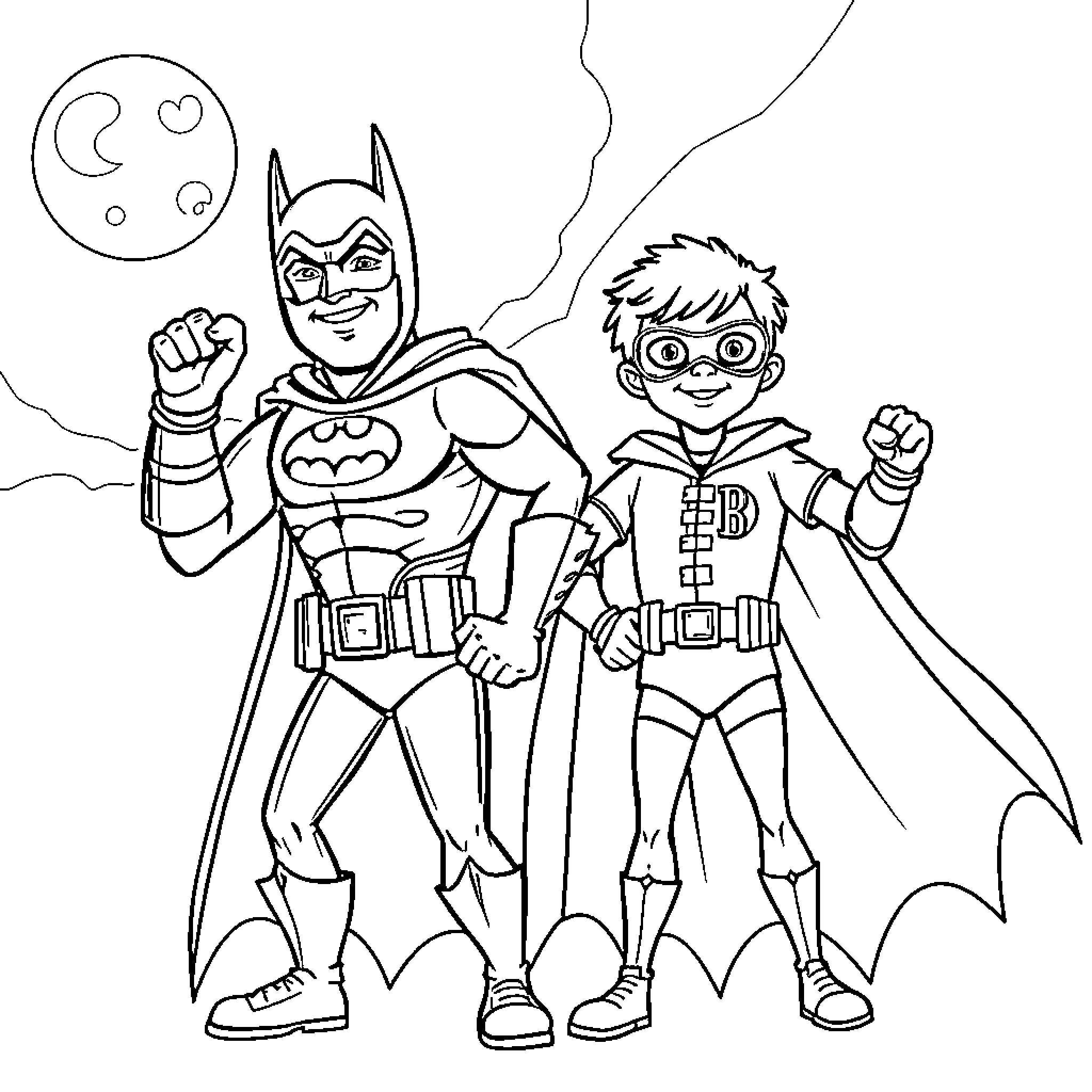 Cheech and Chong as Superheroes in Action Coloring Page (free black-and-white line drawing printable PDF for all, from beginners to advanced learners, including children, teens, adults, and seniors)