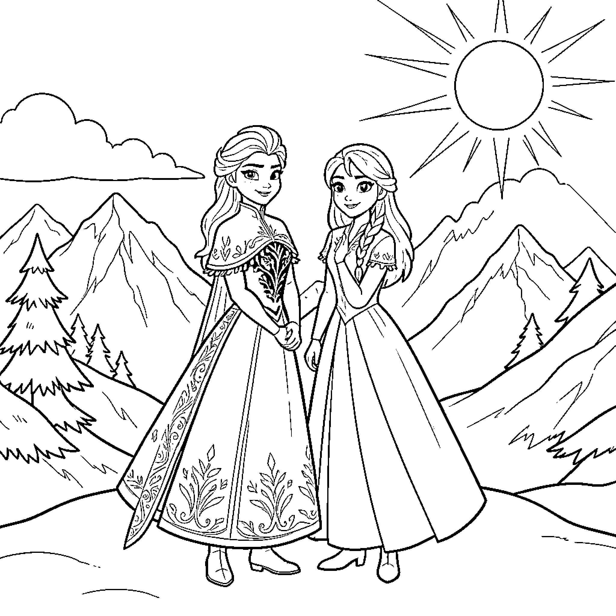 Elsa and Anna standing together in a mountain landscape Coloring Page (free black-and-white line drawing printable PDF for all, from beginners to advanced learners, including children, teens, adults, and seniors)