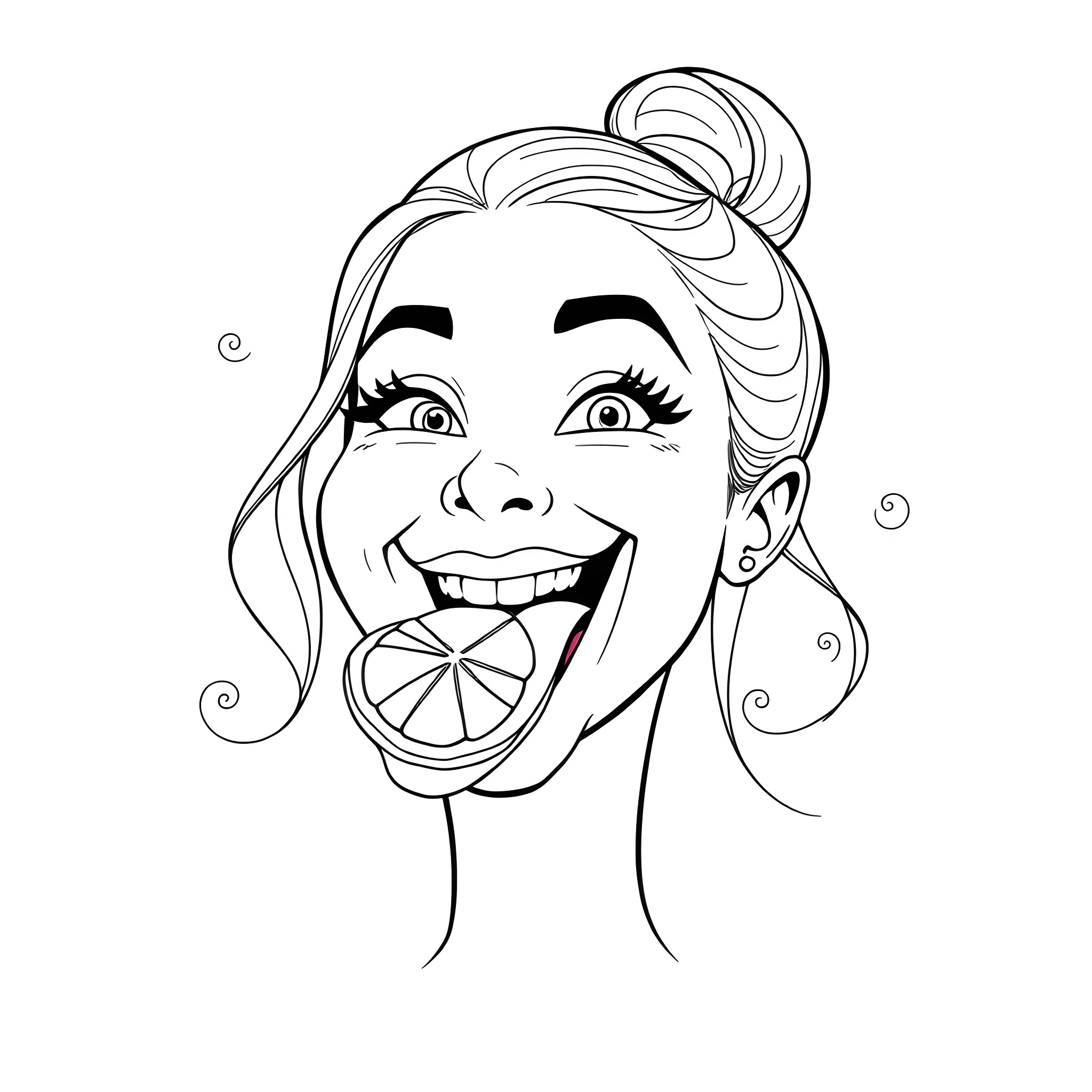 Olivia Rodrigo enjoying a refreshing citrus slice Coloring Page (free black-and-white line drawing printable PDF for all, from beginners to advanced learners, including children, teens, adults, and seniors)