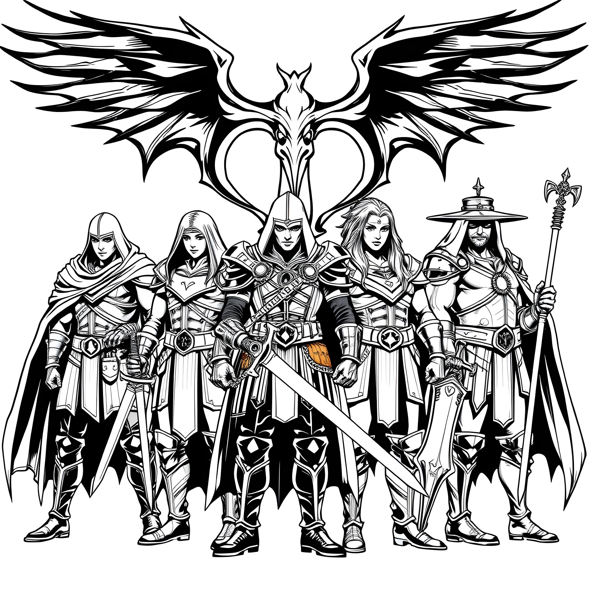 Black Dagger Brotherhood: Warriors in Heroic Formation Coloring Page (free black-and-white line drawing printable PDF for all, from beginners to advanced learners, including children, teens, adults, and seniors)