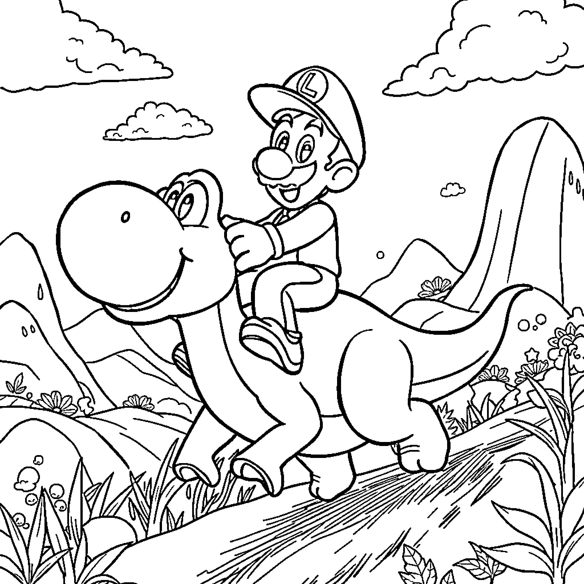 Luigi Riding a Friendly Dinosaur in a Whimsical Landscape Coloring Page (free black-and-white line drawing printable PDF for all, from beginners to advanced learners, including children, teens, adults, and seniors)