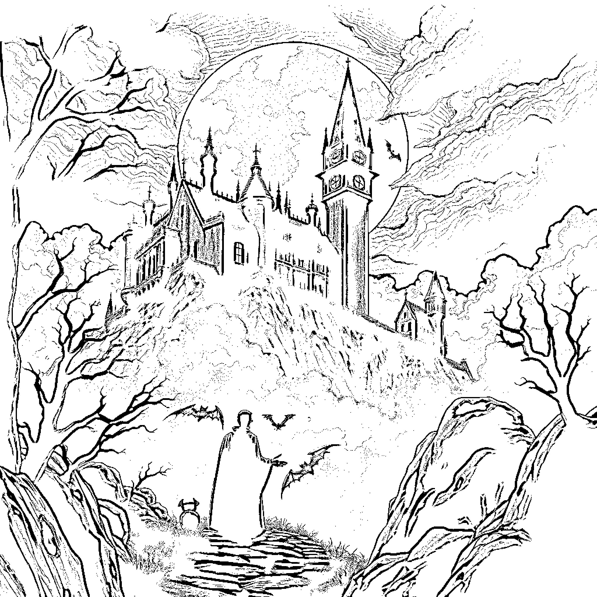 Dracula's Haunting Castle Looming in the Moonlit Night Coloring Page (free black-and-white line drawing printable PDF for all, from beginners to advanced learners, including children, teens, adults, and seniors)
