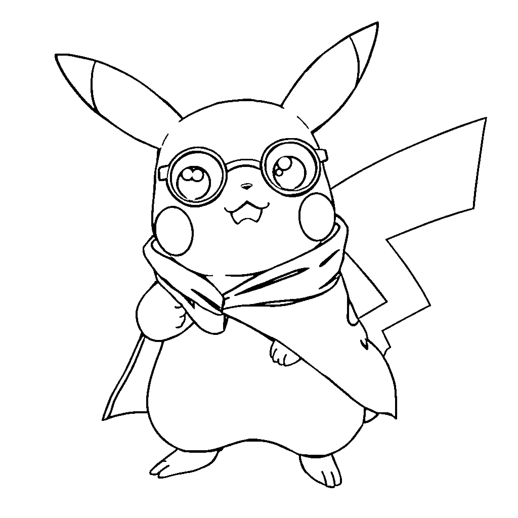 Pikachu wearing cute glasses and scarf Coloring Page (free black-and-white line drawing printable PDF for all, from beginners to advanced learners, including children, teens, adults, and seniors)