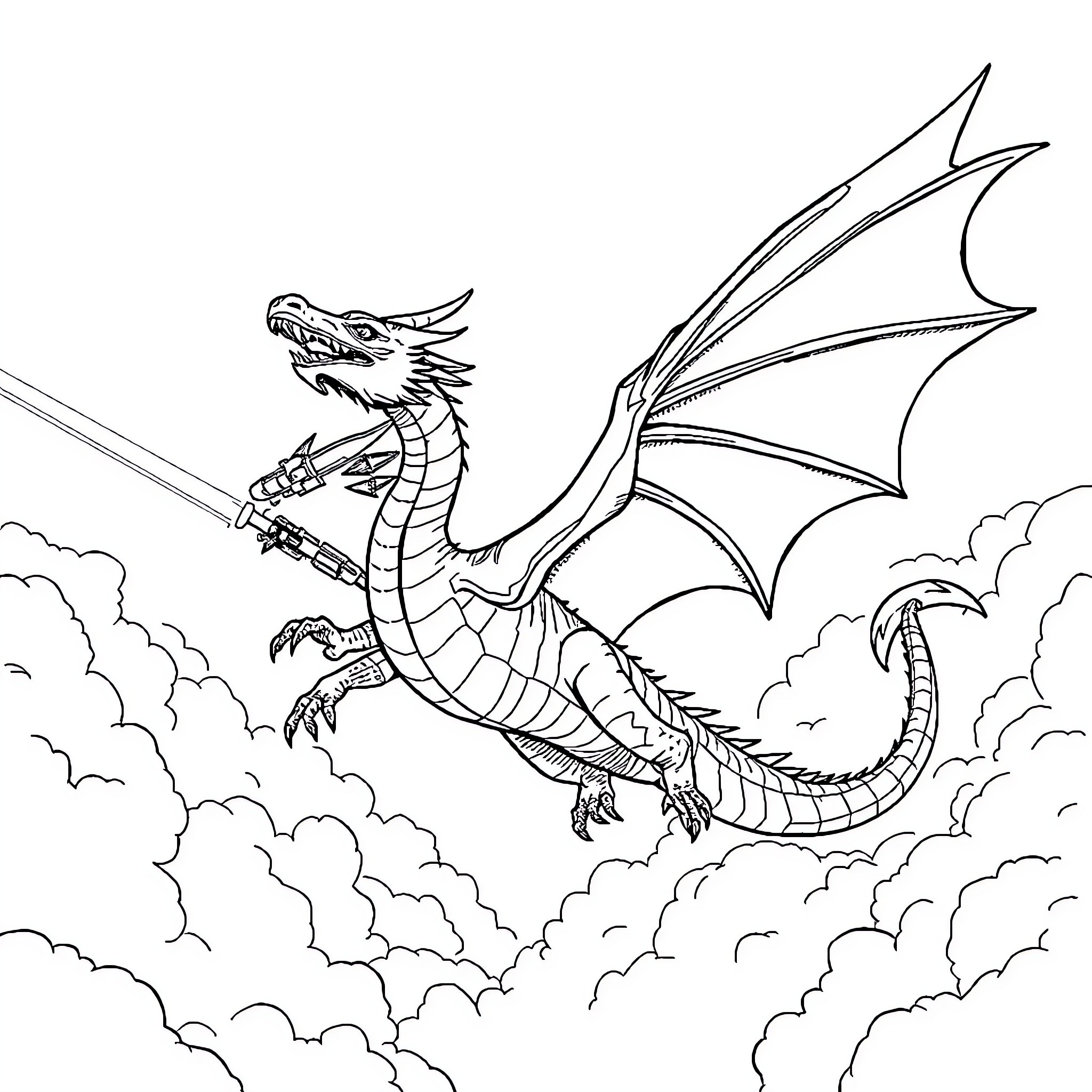 Jedi Dragon wielding a sword in the sky Coloring Page (free black-and-white line drawing printable PDF for all, from beginners to advanced learners, including children, teens, adults, and seniors)