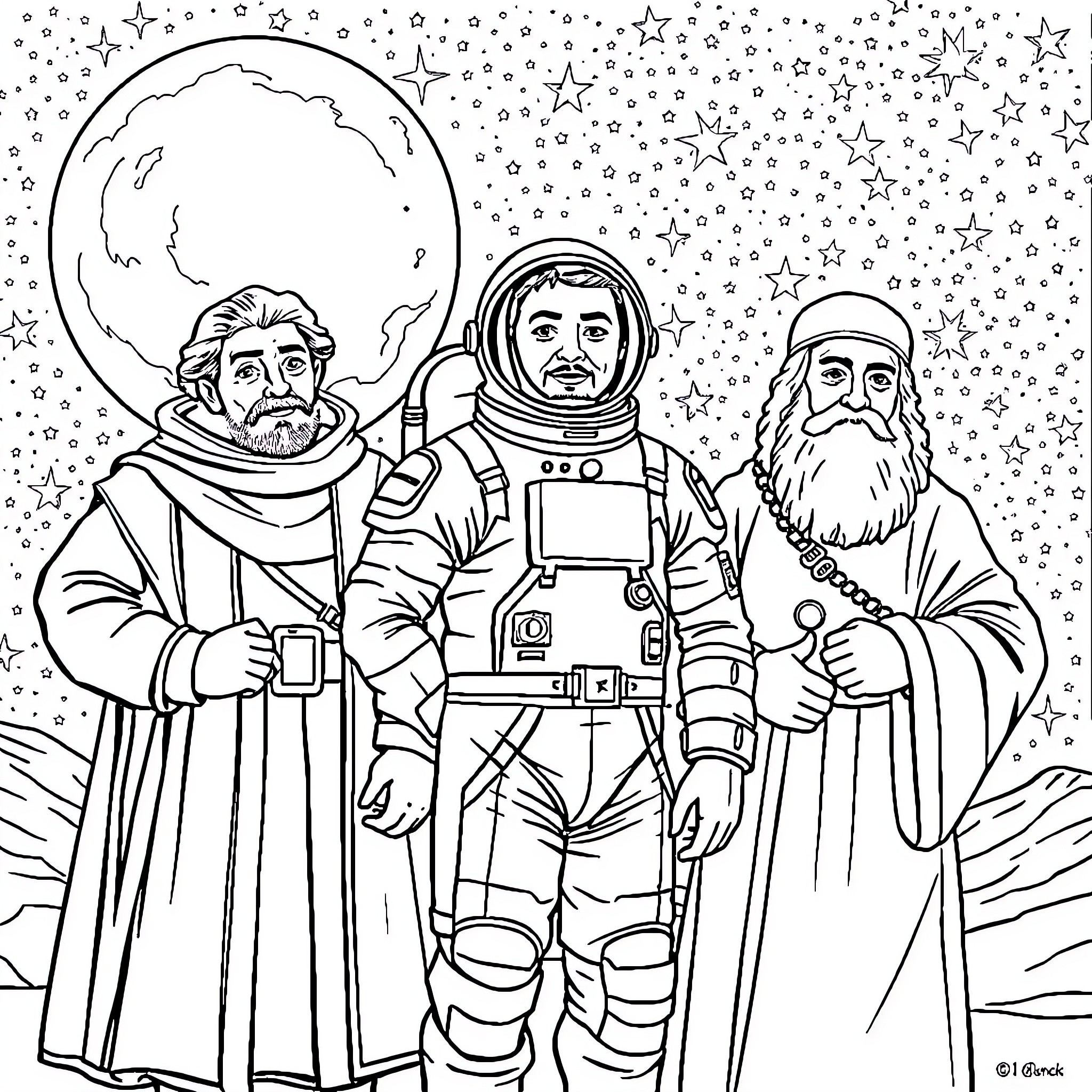 Astronauts with a Bearded Scientist in Outer Space Coloring Page (free black-and-white line drawing printable PDF for all, from beginners to advanced learners, including children, teens, adults, and seniors)