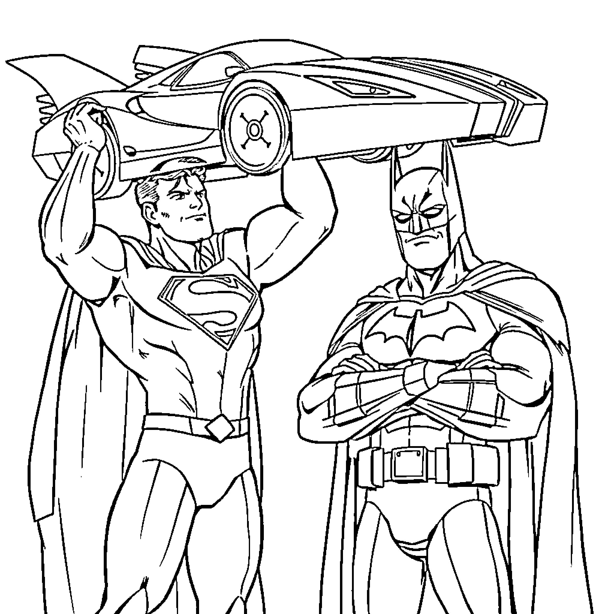 Superman and Batman working on a futuristic vehicle Coloring Page (free black-and-white line drawing printable PDF for all, from beginners to advanced learners, including children, teens, adults, and seniors)