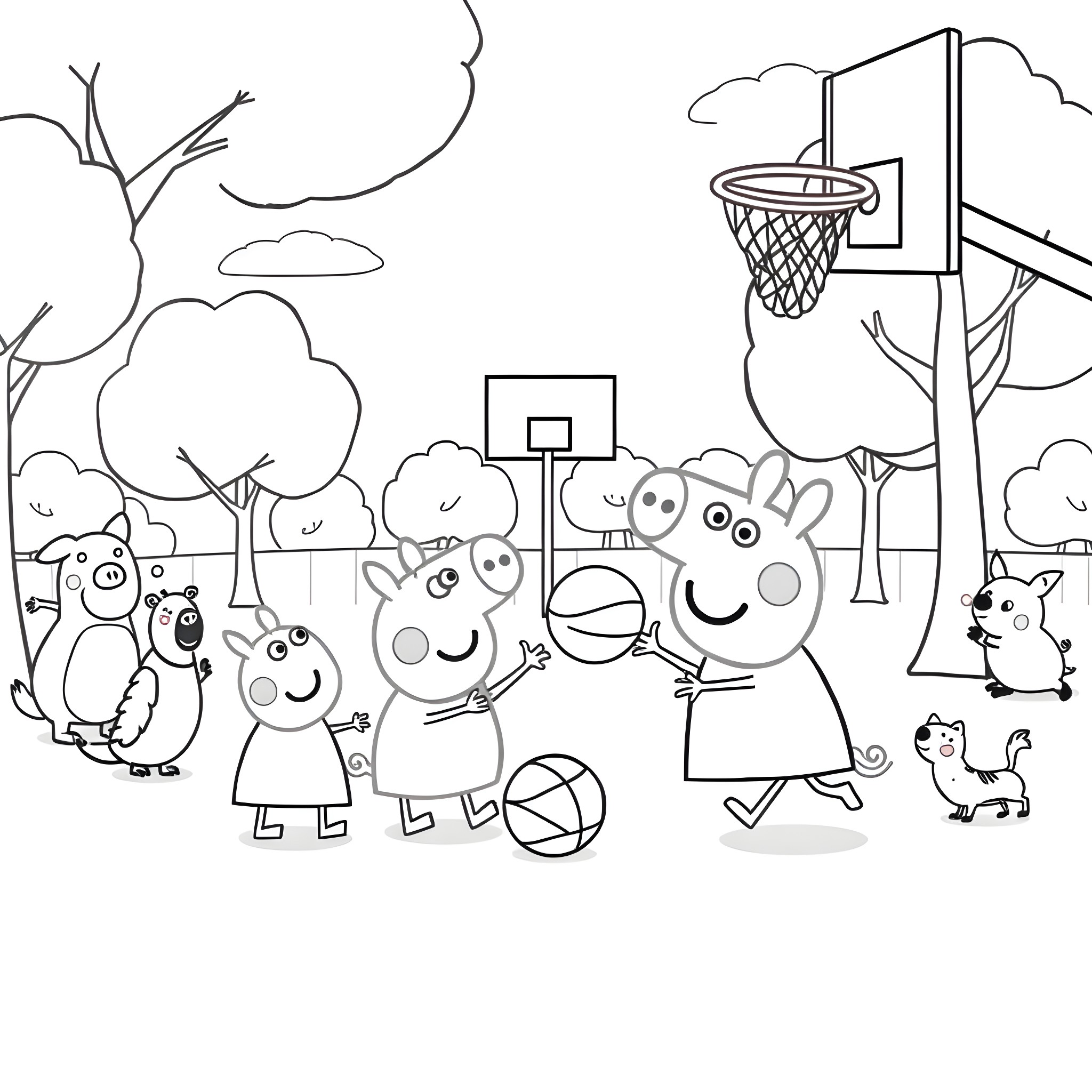 Peppa Pig and friends playing basketball in the park Coloring Page (free black-and-white line drawing printable PDF for all, from beginners to advanced learners, including children, teens, adults, and seniors)