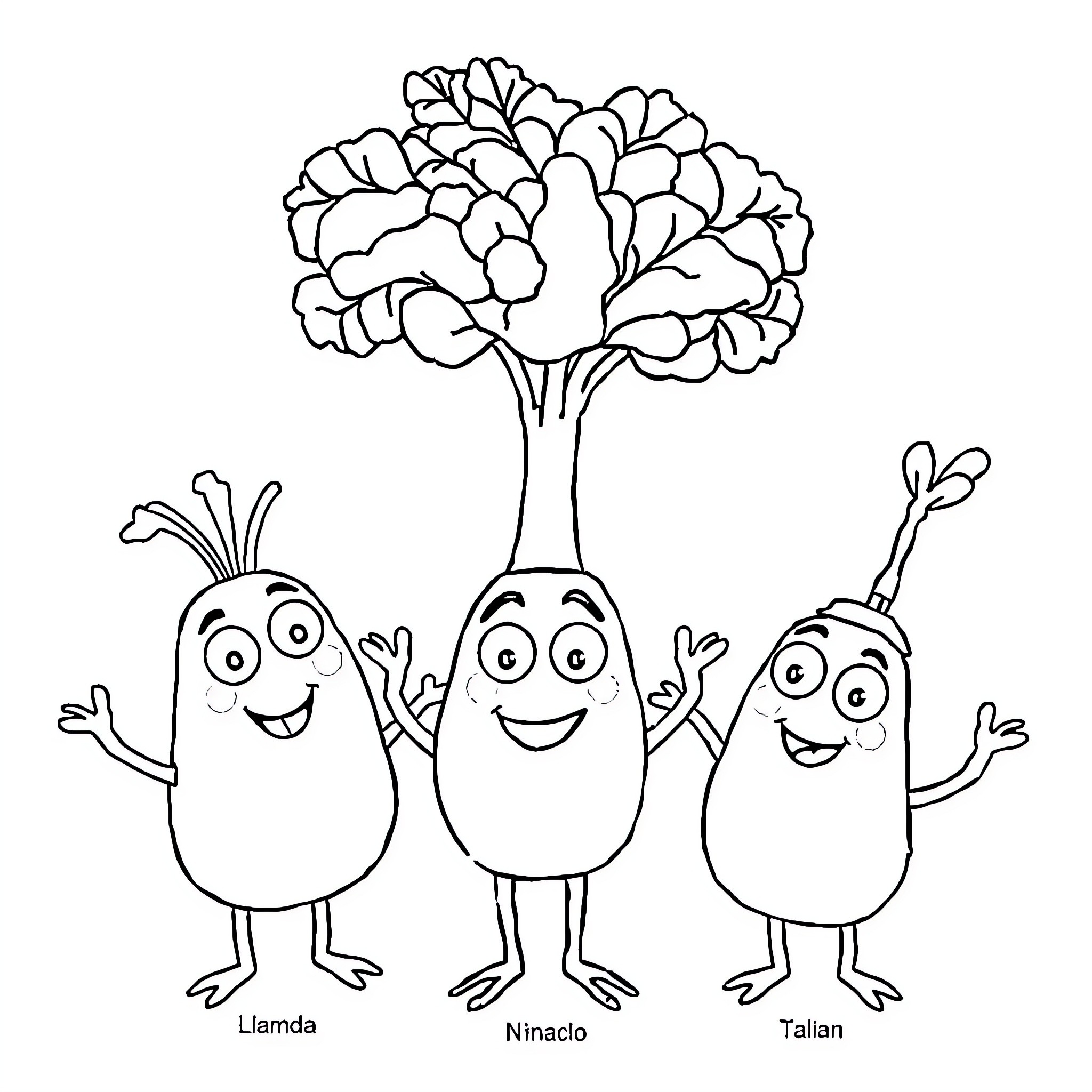 Character cartoon vegetables with happy expressions Coloring Page (free black-and-white line drawing printable PDF for all, from beginners to advanced learners, including children, teens, adults, and seniors)