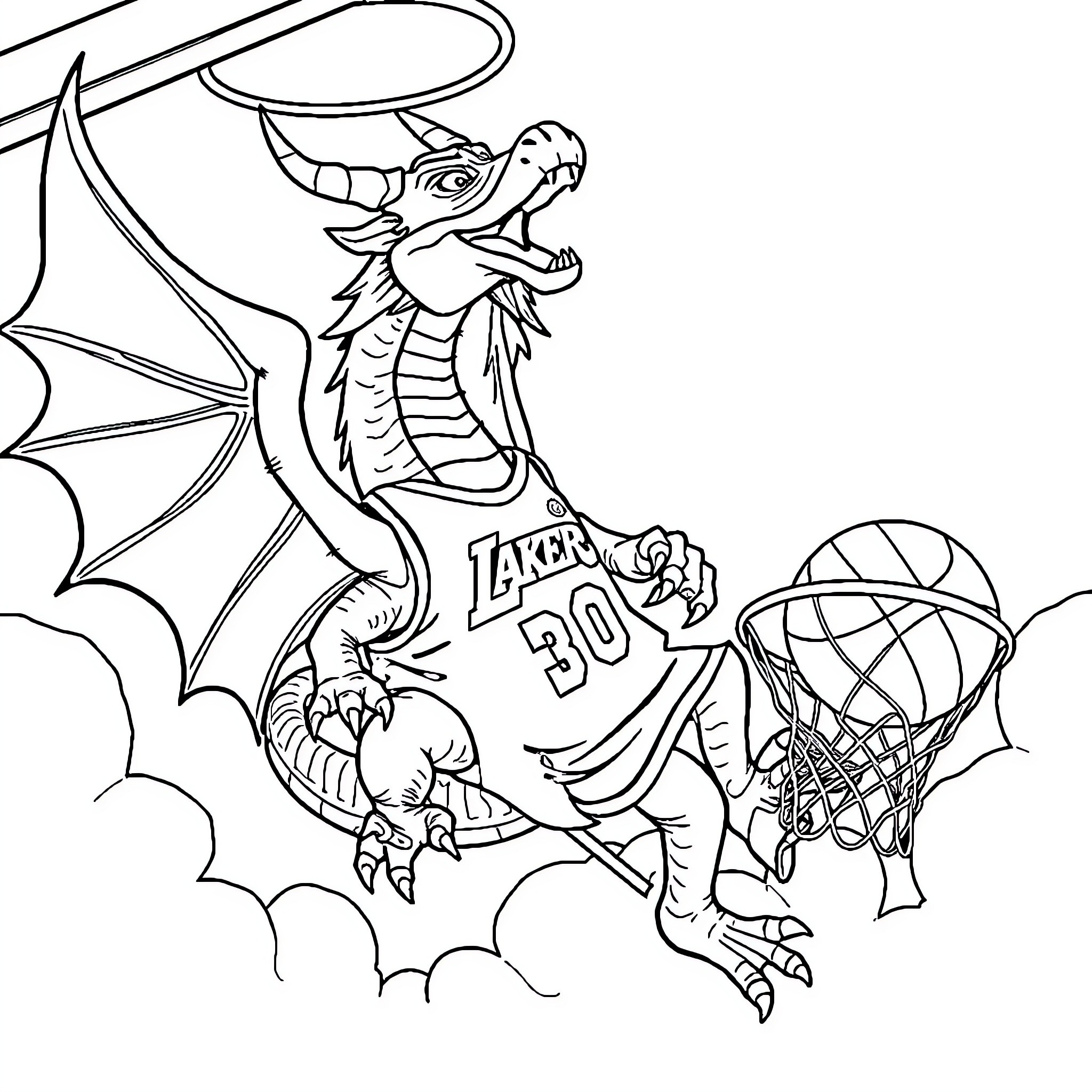 Dragon Basketball Player Dunking Ball into Hoop Coloring Page (free black-and-white line drawing printable PDF for all, from beginners to advanced learners, including children, teens, adults, and seniors)