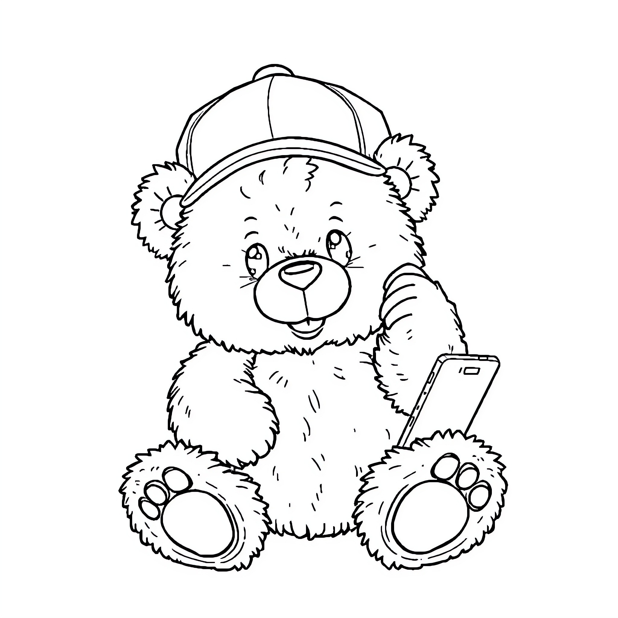 Teddy Bear with a cap and smartphone Coloring Page (free black-and-white line drawing printable PDF for all, from beginners to advanced learners, including children, teens, adults, and seniors)