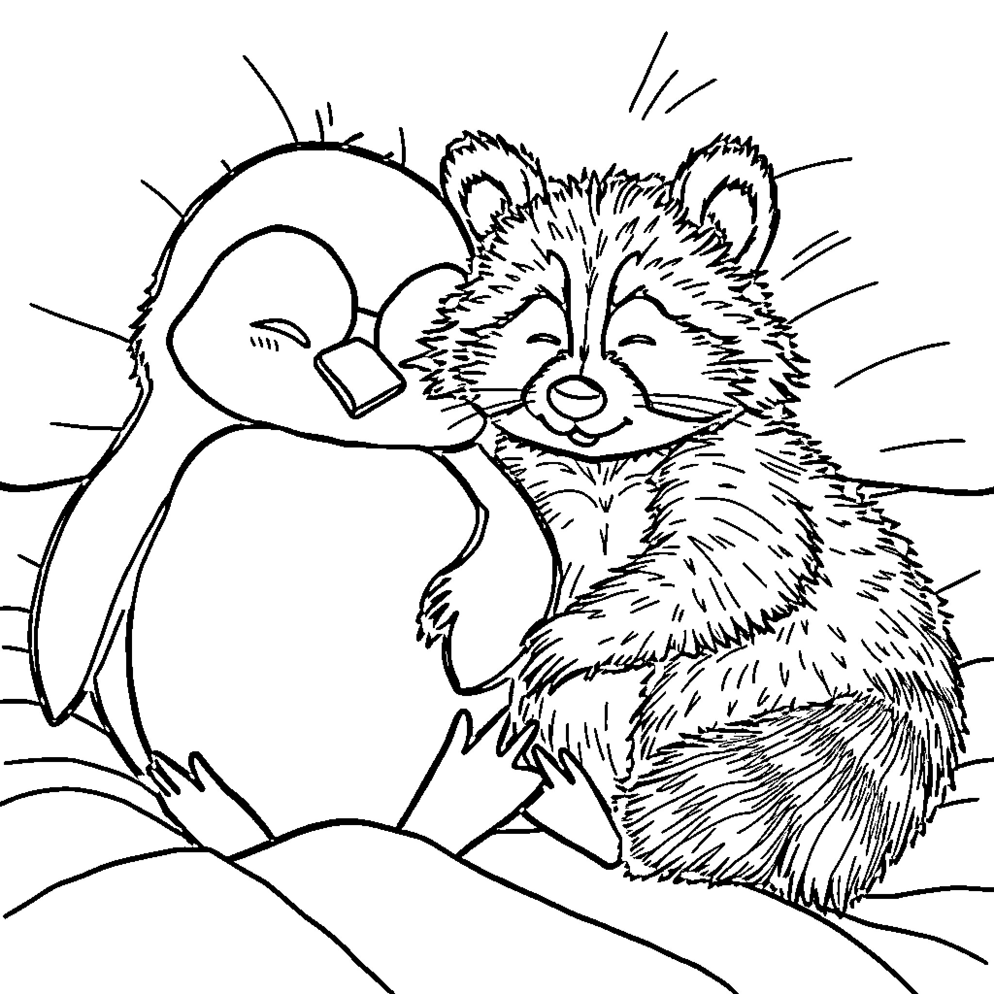 Penguin and Raccoon in Snowy Scene Coloring Page (free black-and-white line drawing printable PDF for all, from beginners to advanced learners, including children, teens, adults, and seniors)