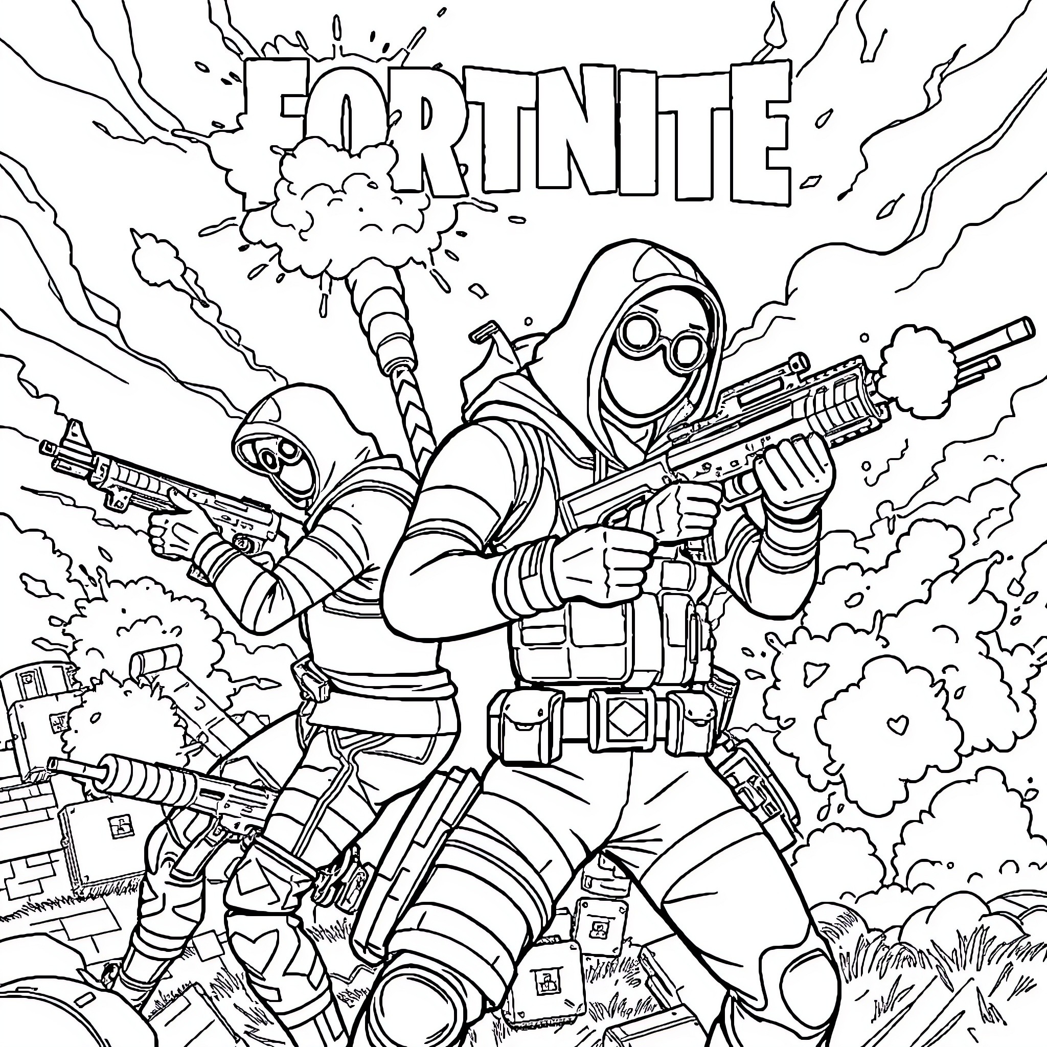 Fortnite characters in explosive combat scene Coloring Page (free black-and-white line drawing printable PDF for all, from beginners to advanced learners, including children, teens, adults, and seniors)