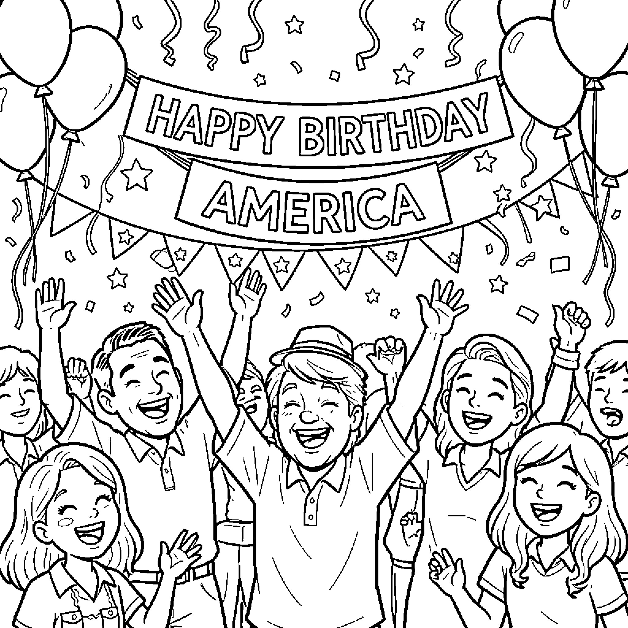 America Celebrates Happy Birthday with Joyful Crowd Coloring Page (free black-and-white line drawing printable PDF for all, from beginners to advanced learners, including children, teens, adults, and seniors)