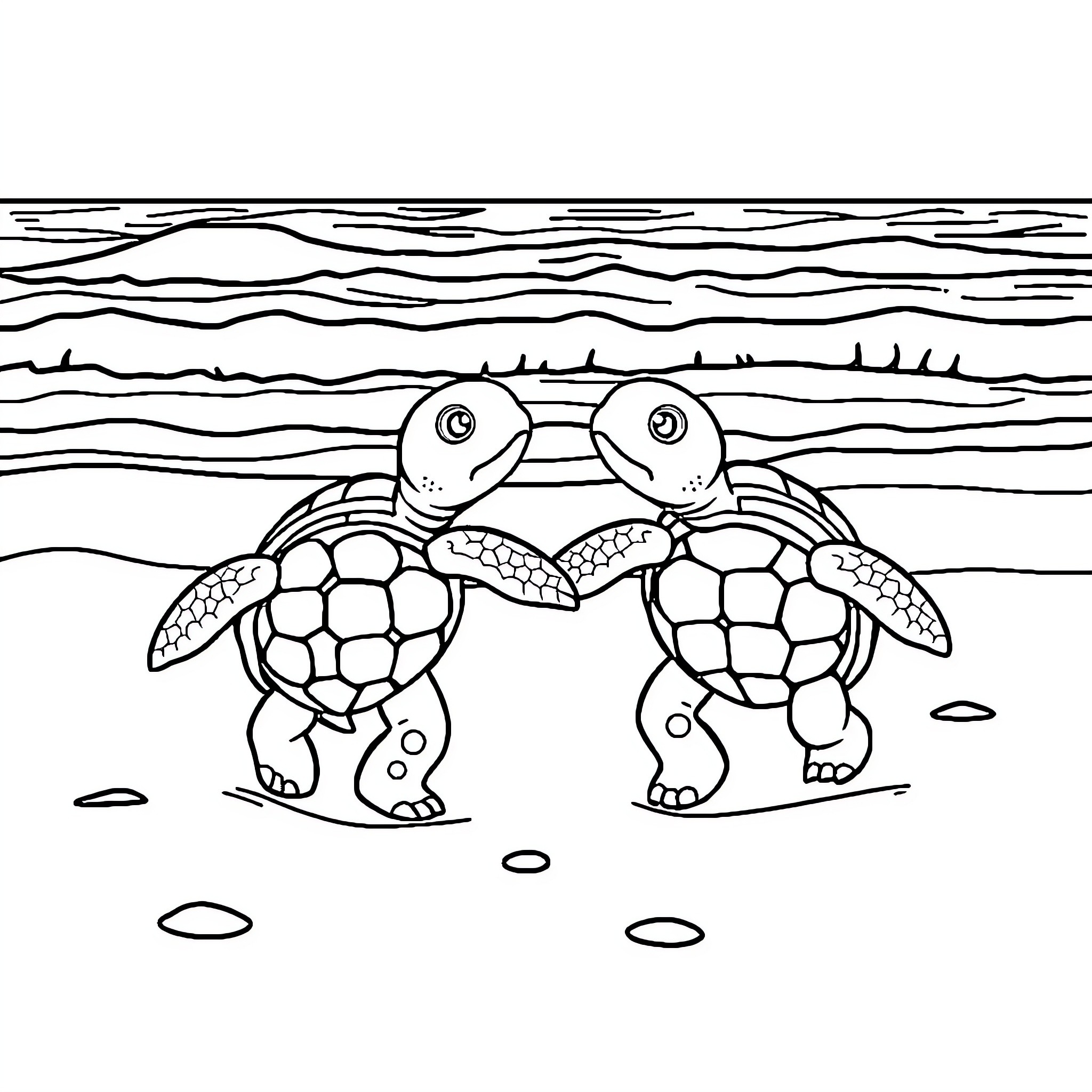 Turtle friends exploring the beach Coloring Page (free black-and-white line drawing printable PDF for all, from beginners to advanced learners, including children, teens, adults, and seniors)