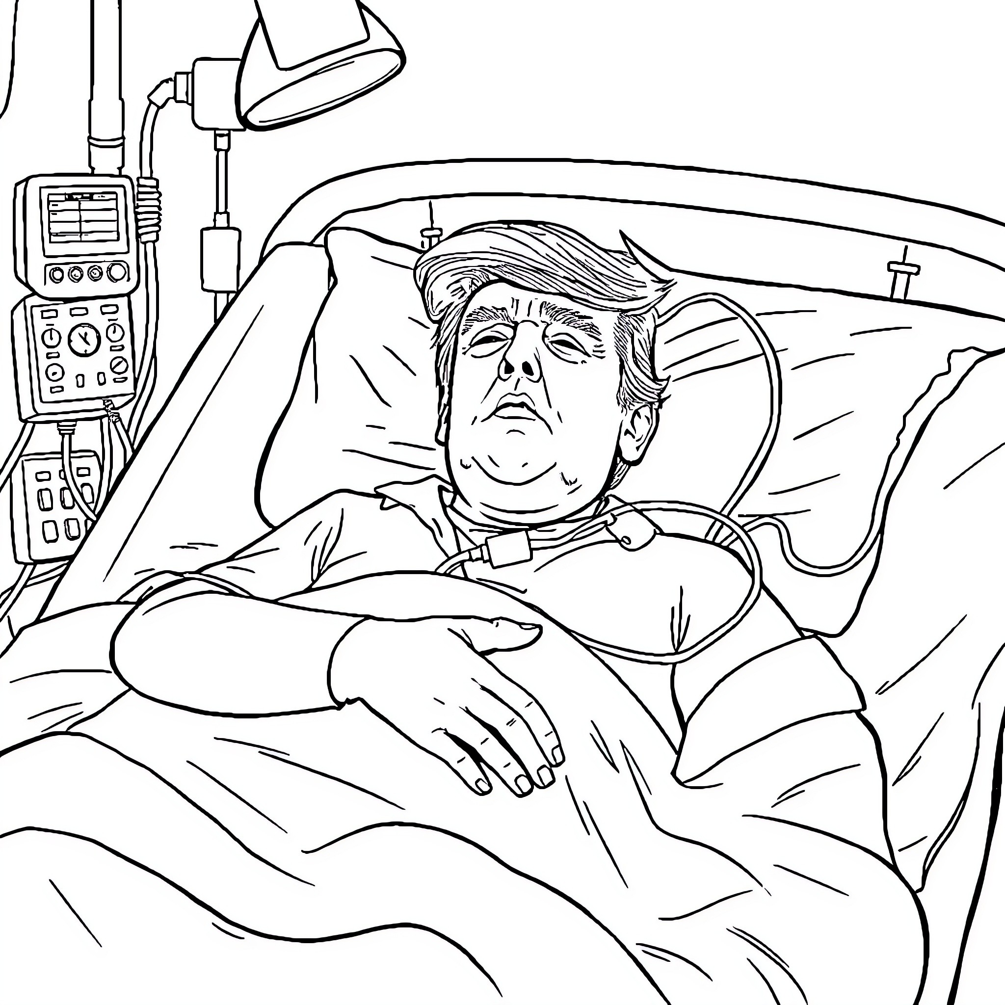 Donald Trump in a hospital bed Coloring Page (free black-and-white line drawing printable PDF for all, from beginners to advanced learners, including children, teens, adults, and seniors)