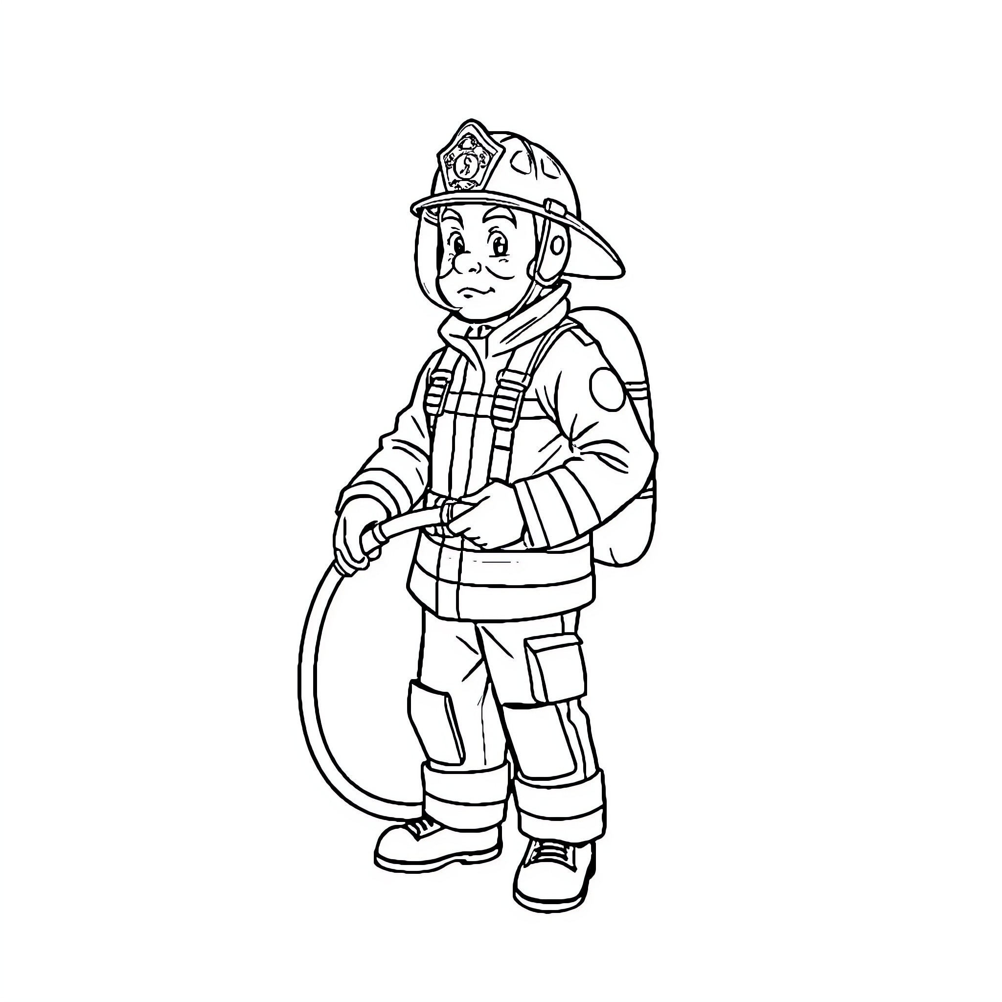 Creeper Firefighter with Protective Gear and Hose Coloring Page (free black-and-white line drawing printable PDF for all, from beginners to advanced learners, including children, teens, adults, and seniors)