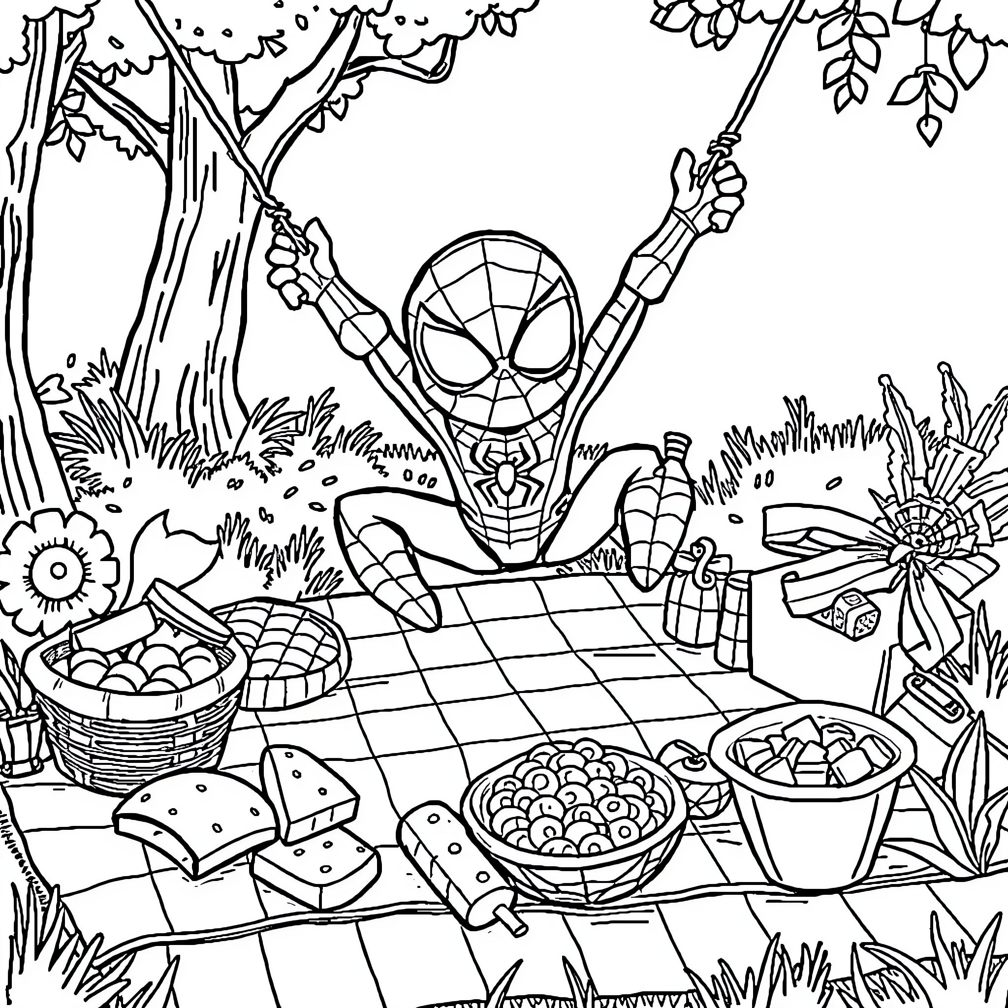Spiderman's picnic adventure in nature Coloring Page (free black-and-white line drawing printable PDF for all, from beginners to advanced learners, including children, teens, adults, and seniors)