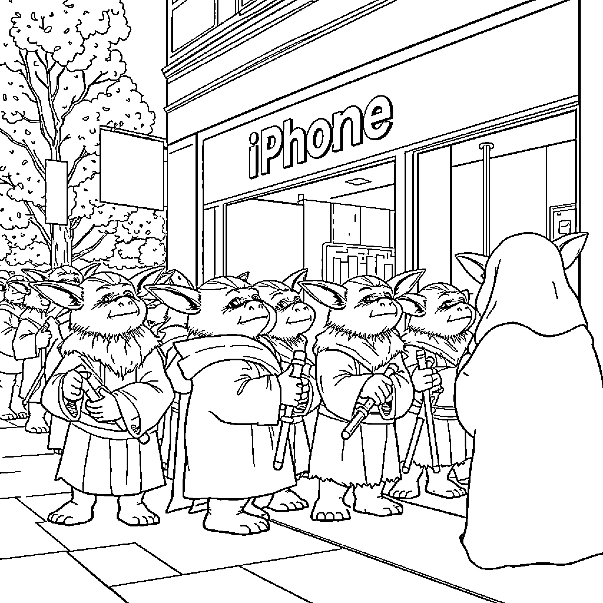 Ewok Creatures Visiting the iPhone Store Coloring Page (free black-and-white line drawing printable PDF for all, from beginners to advanced learners, including children, teens, adults, and seniors)