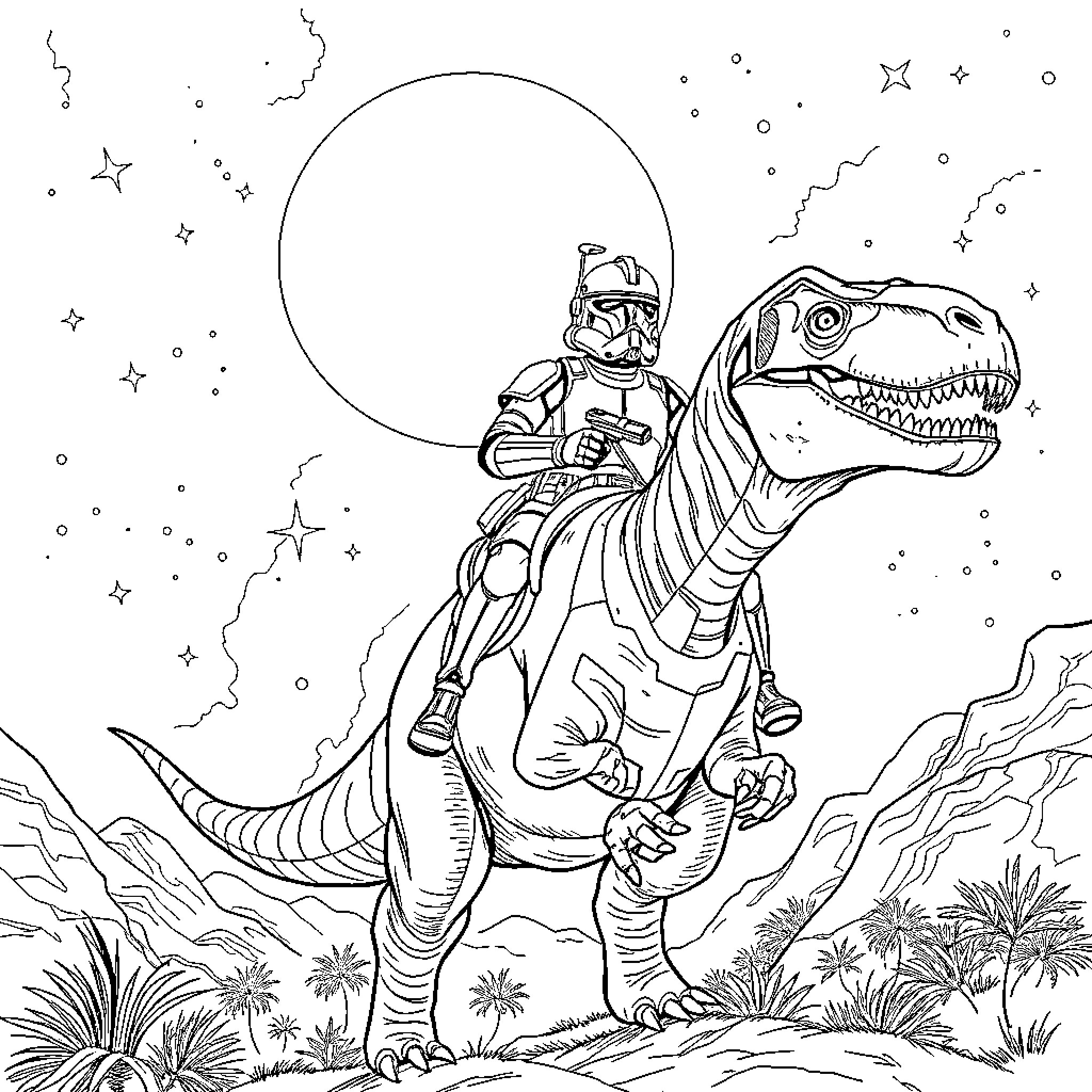 Clone Astronaut Riding Fierce Prehistoric Creature Coloring Page (free black-and-white line drawing printable PDF for all, from beginners to advanced learners, including children, teens, adults, and seniors)
