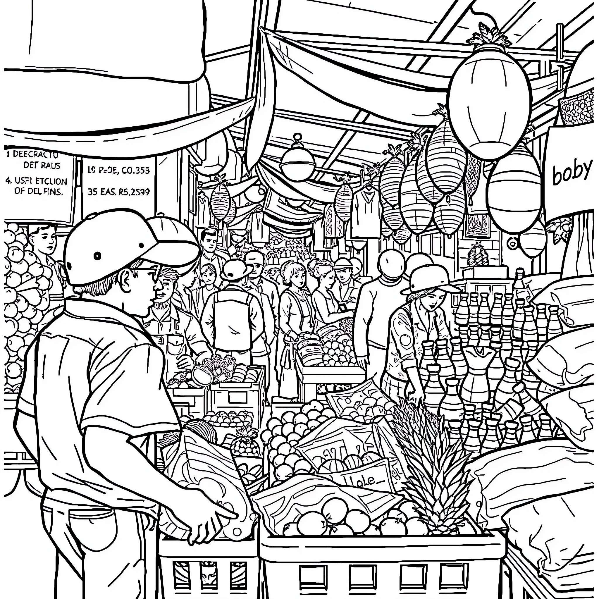 Bobby's Vibrant Market Adventure Coloring Page (free black-and-white line drawing printable PDF for all, from beginners to advanced learners, including children, teens, adults, and seniors)