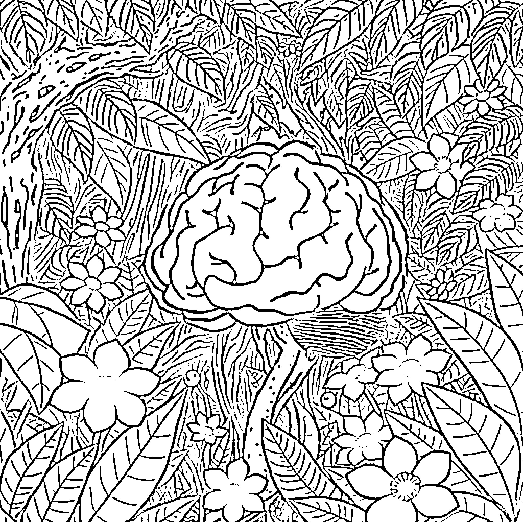 Brainrot Exploration through Intricate Floral Landscape Coloring Page (free black-and-white line drawing printable PDF for all, from beginners to advanced learners, including children, teens, adults, and seniors)