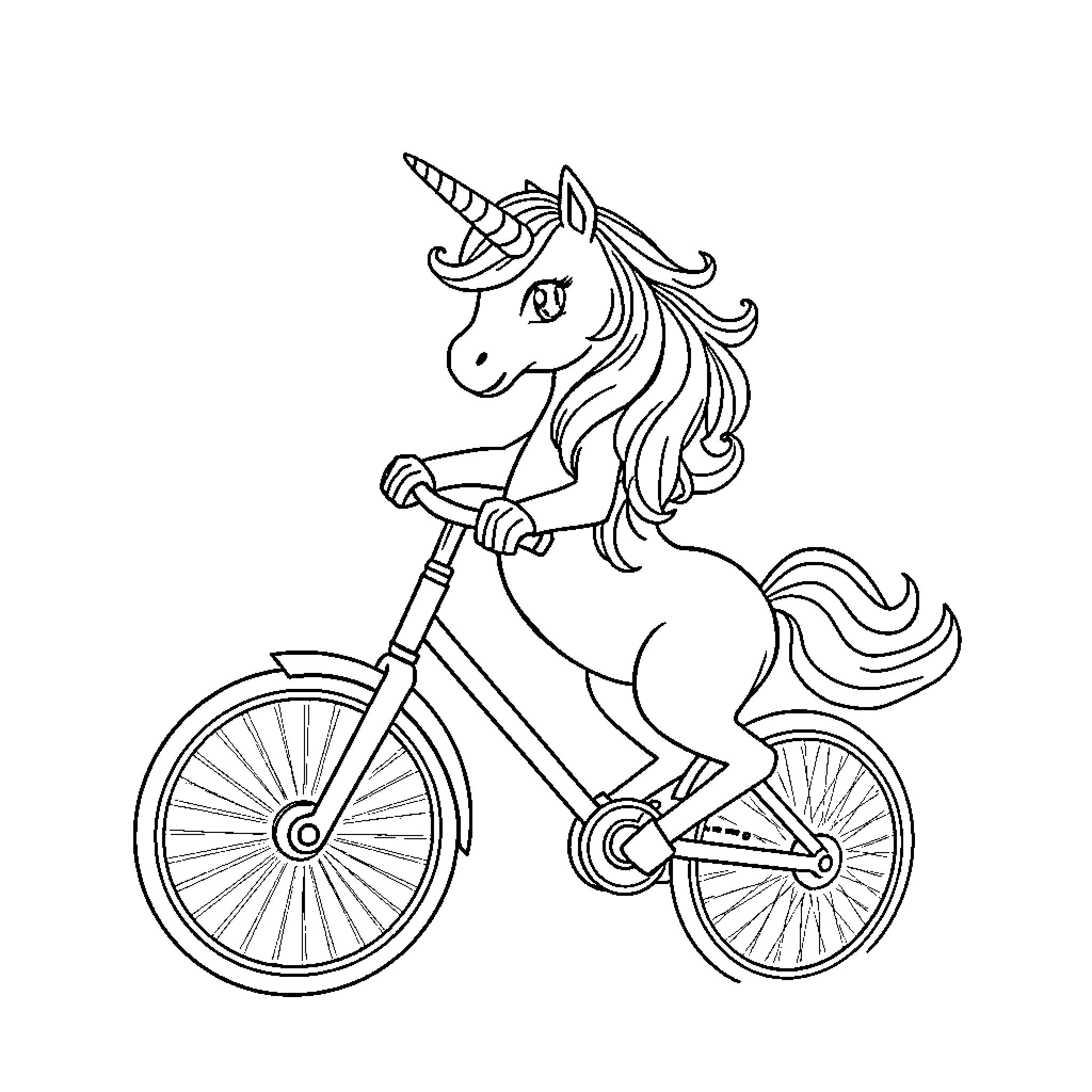 Unicorn riding a bicycle happily Coloring Page (free black-and-white line drawing printable PDF for all, from beginners to advanced learners, including children, teens, adults, and seniors)