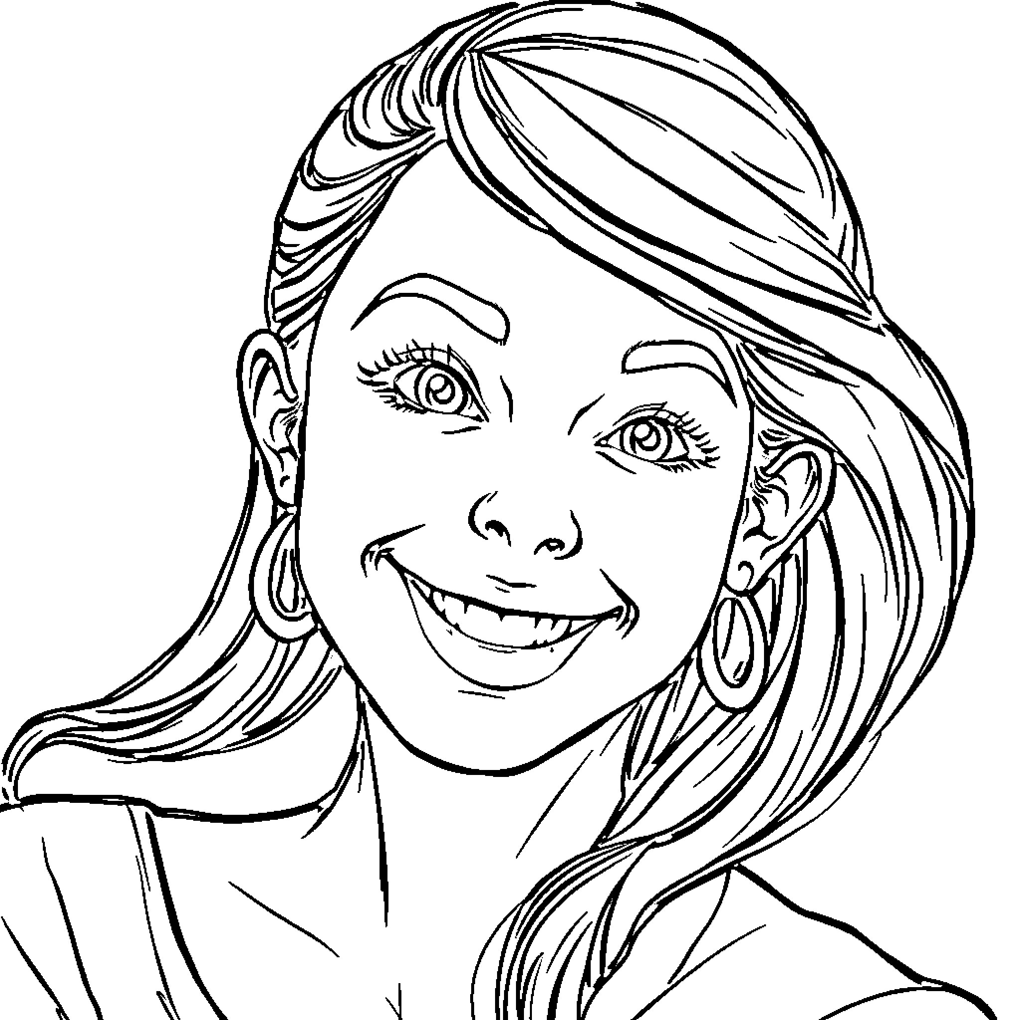 Girl with a cheerful expression and long hair Coloring Page (free black-and-white line drawing printable PDF for all, from beginners to advanced learners, including children, teens, adults, and seniors)