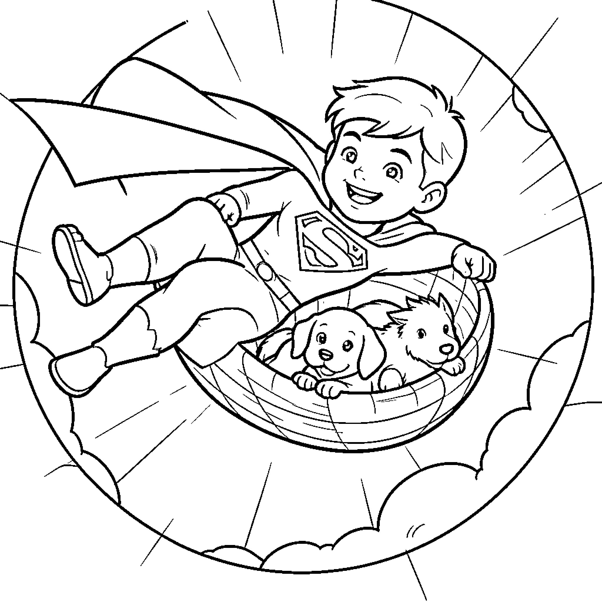 Superman flying through the sky with two cute puppies Coloring Page (free black-and-white line drawing printable PDF for all, from beginners to advanced learners, including children, teens, adults, and seniors)