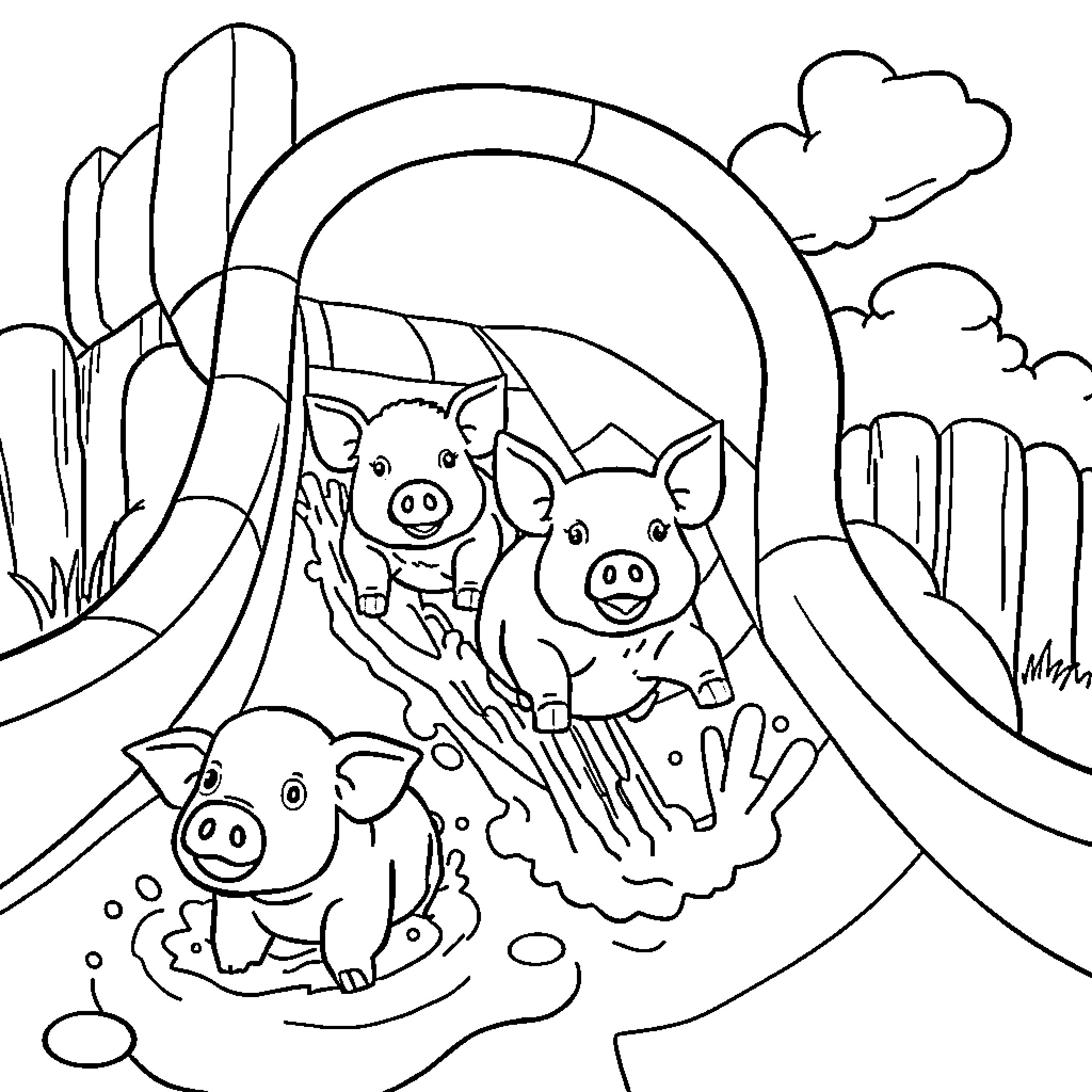 Pig Enjoying Muddy Slide in the Country Coloring Page (free black-and-white line drawing printable PDF for all, from beginners to advanced learners, including children, teens, adults, and seniors)