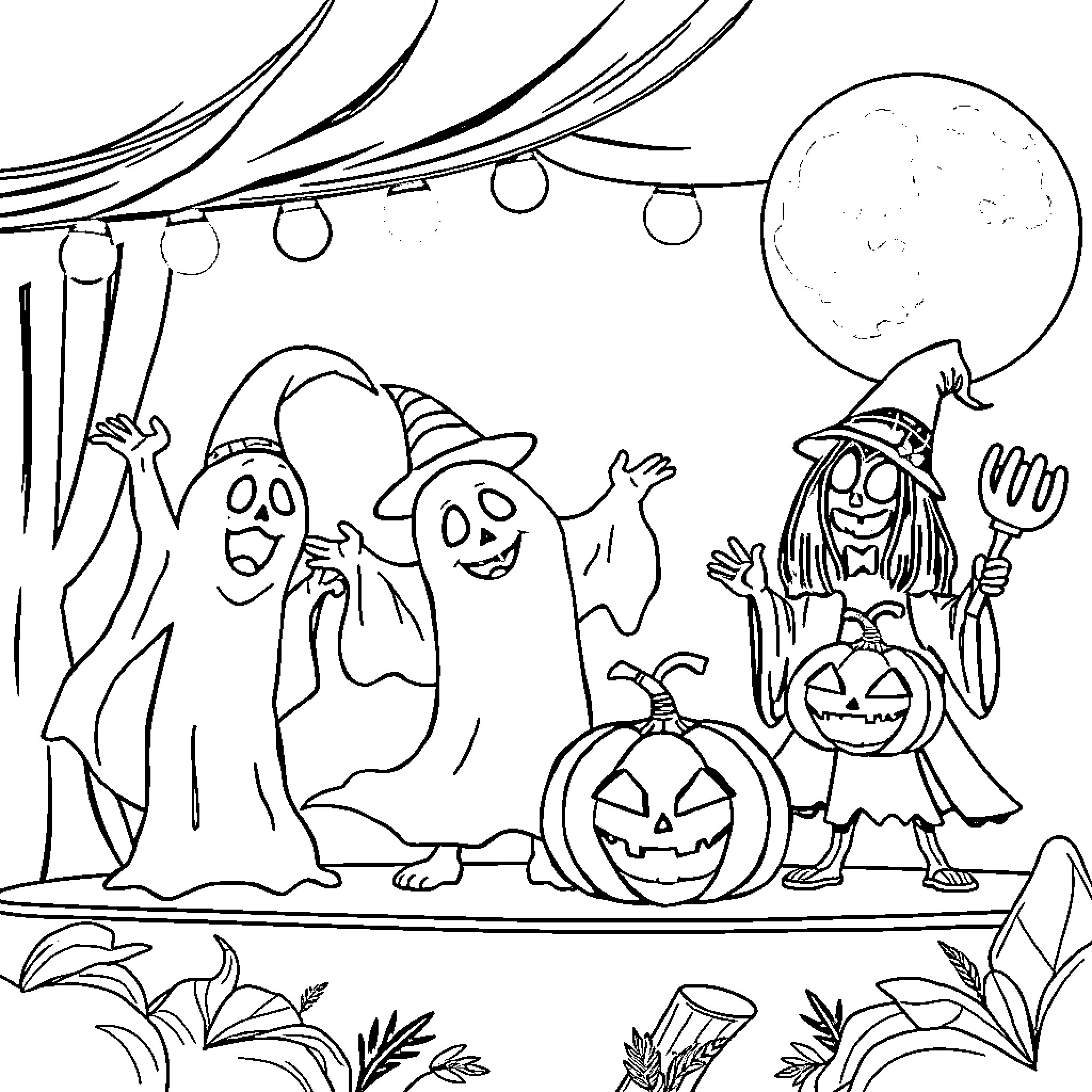 Halloween Characters Celebrating with Spooky Decorations Coloring Page (free black-and-white line drawing printable PDF for all, from beginners to advanced learners, including children, teens, adults, and seniors)
