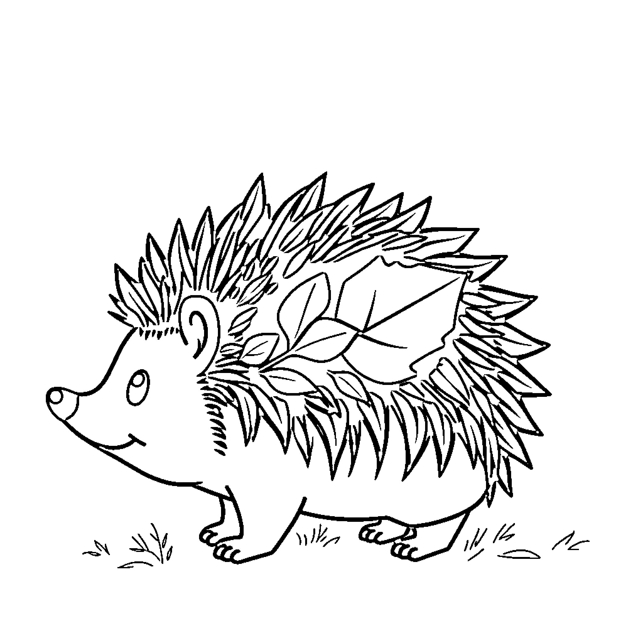 Hedgehog adorned with leaves Coloring Page (free black-and-white line drawing printable PDF for all, from beginners to advanced learners, including children, teens, adults, and seniors)