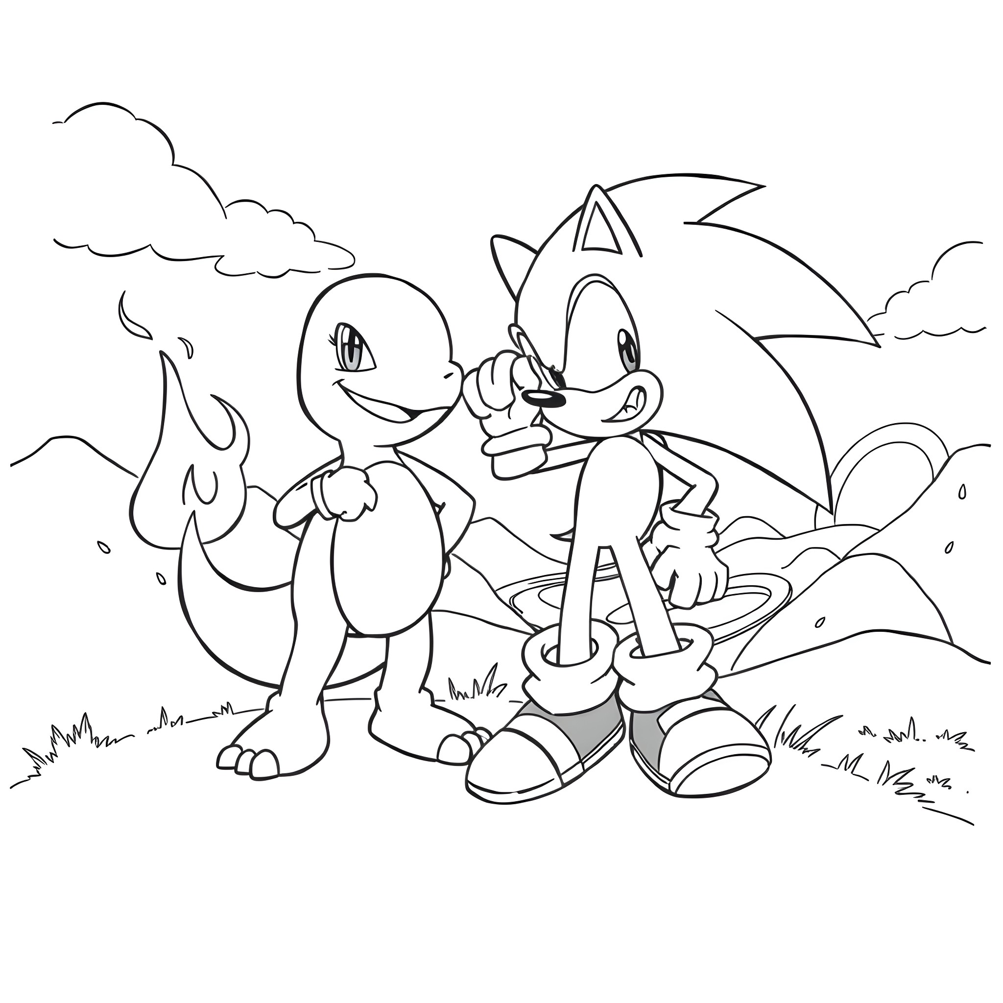 Charmander and Sonic the Hedgehog's adventure Coloring Page (free black-and-white line drawing printable PDF for all, from beginners to advanced learners, including children, teens, adults, and seniors)