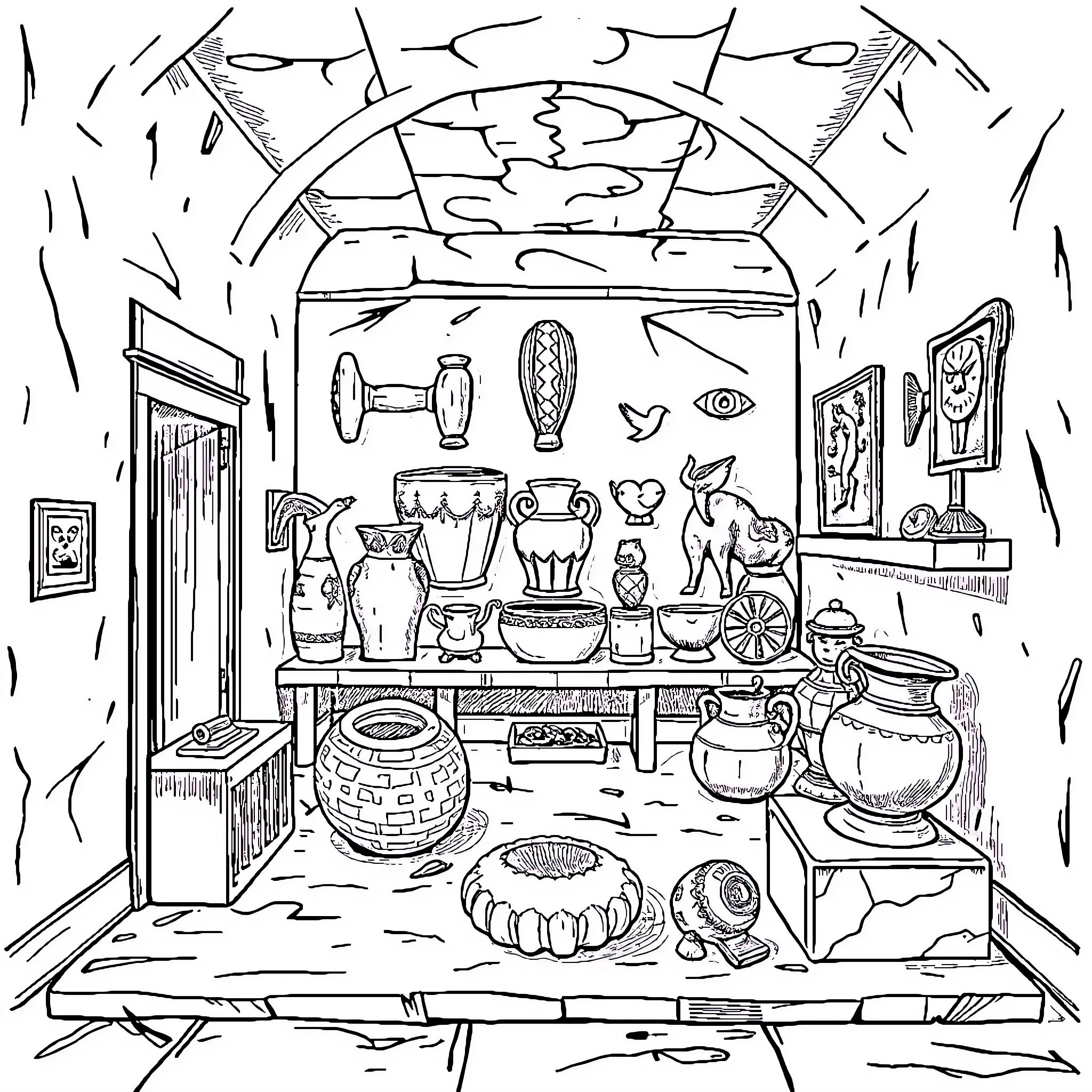 Ancient Museum Artifacts and Relics Display Coloring Page (free black-and-white line drawing printable PDF for all, from beginners to advanced learners, including children, teens, adults, and seniors)