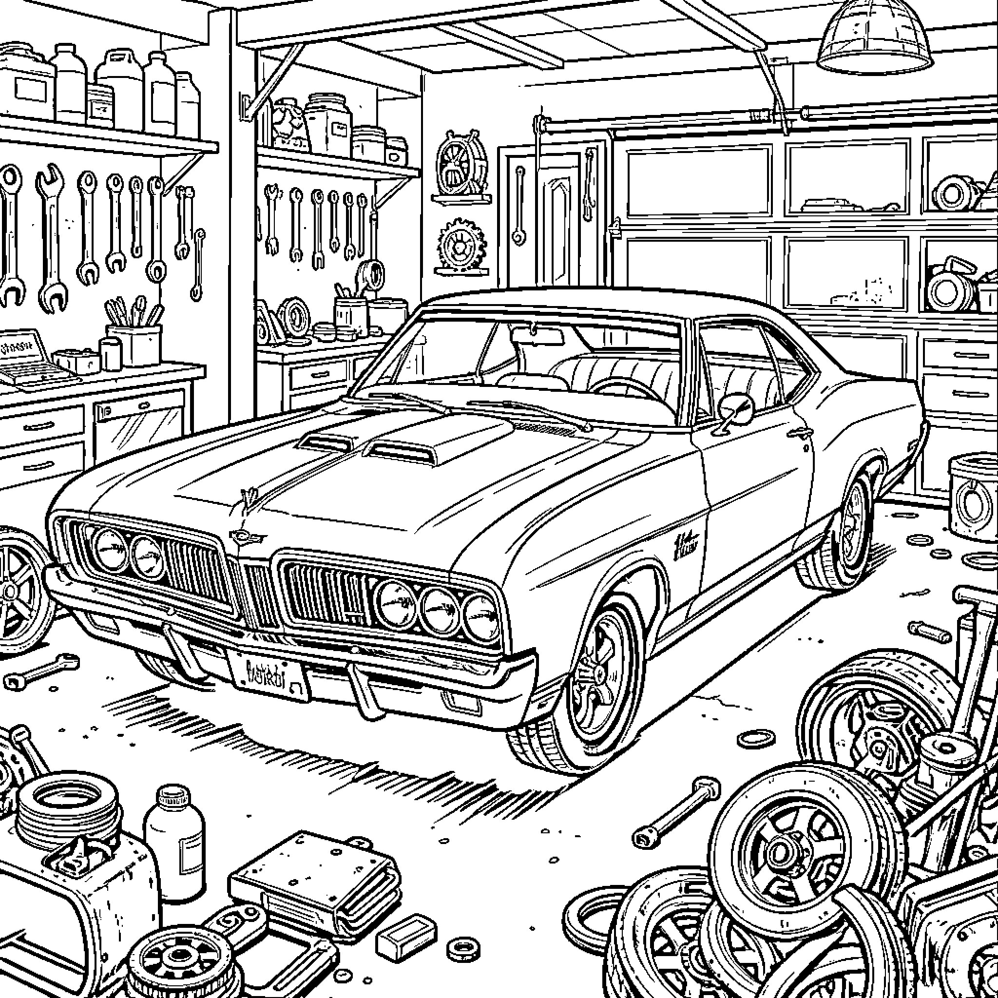 Hurst Oldsmobile in a Mechanic's Garage Coloring Page (free black-and-white line drawing printable PDF for all, from beginners to advanced learners, including children, teens, adults, and seniors)
